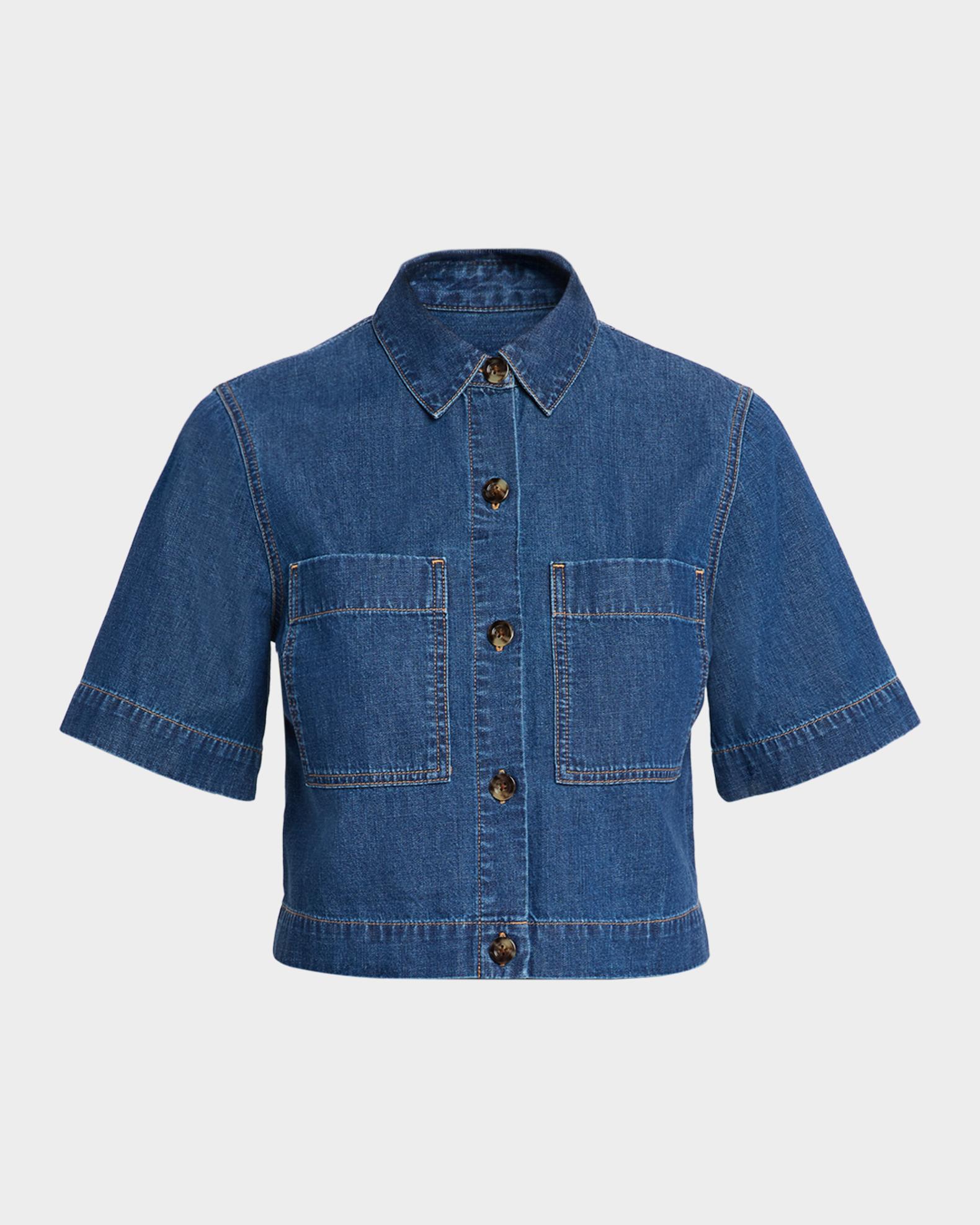 Veronica Beard Spruce Short-Sleeve Denim Top | Neiman Marcus