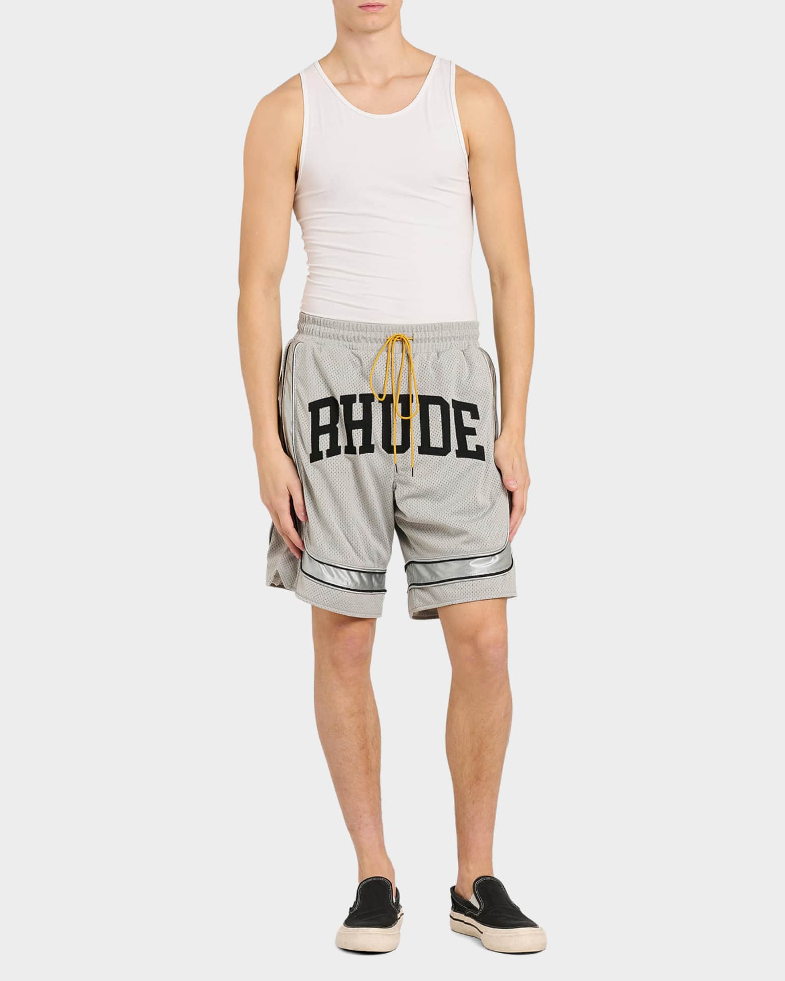Rhude Men's Baggy Mesh Collegiate Logo Drawstring Shorts | Neiman