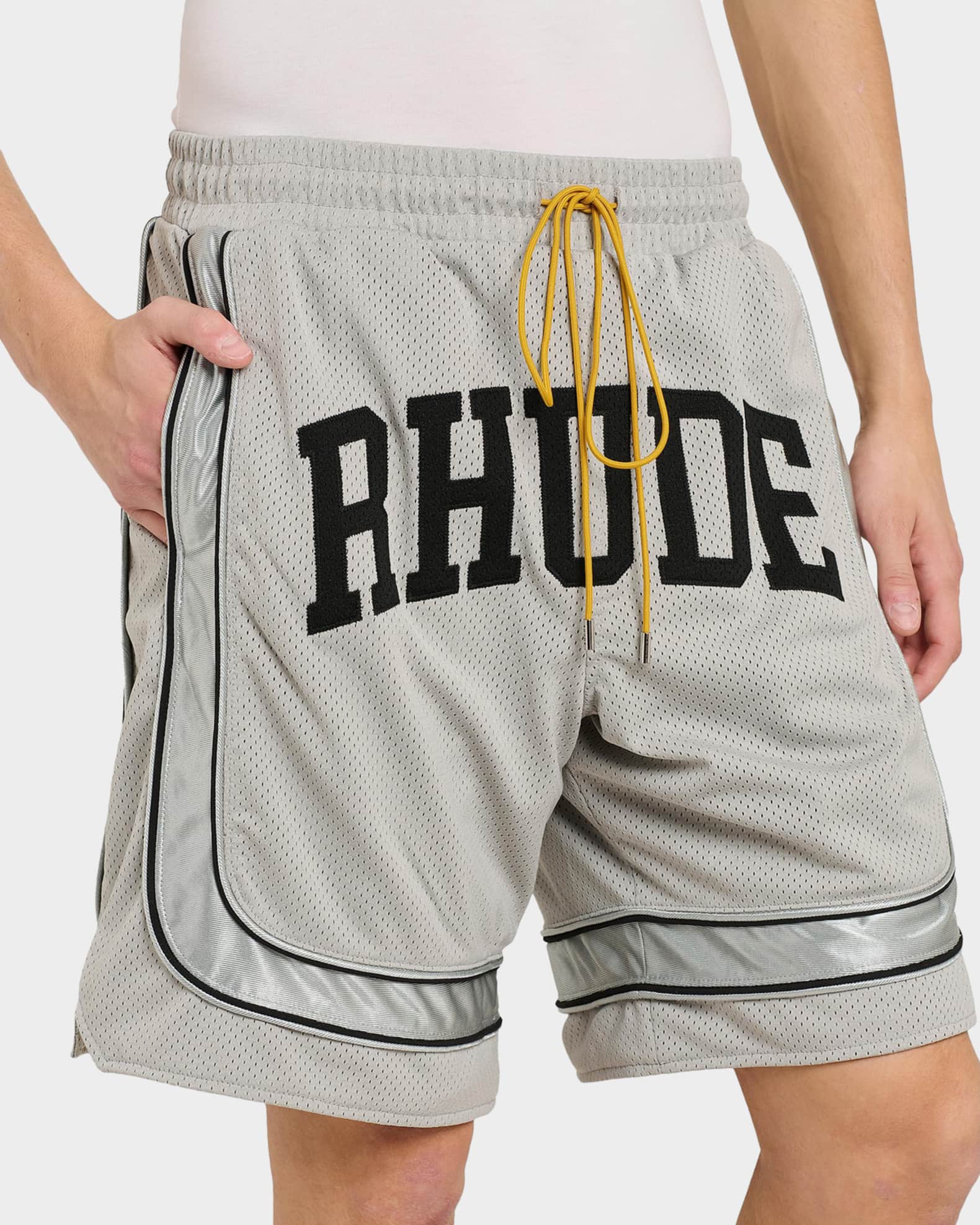 Rhude Men's Baggy Mesh Collegiate Logo Drawstring Shorts | Neiman