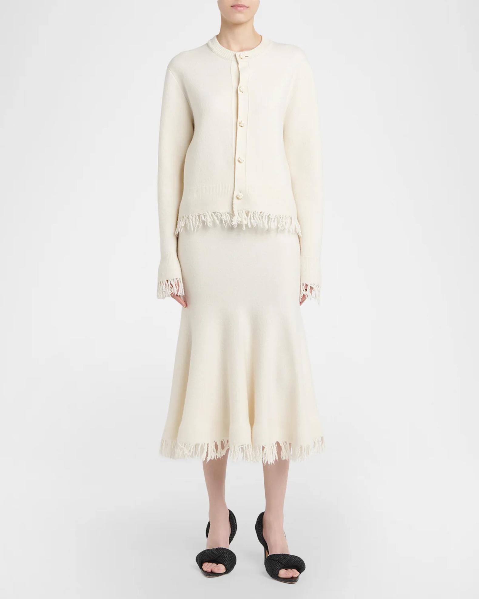 Bottega Veneta ホワイト リブ タイトスカート Bottega Veneta Wool Knit Fringe Midi Trumpet Skirt | Neiman Marcus