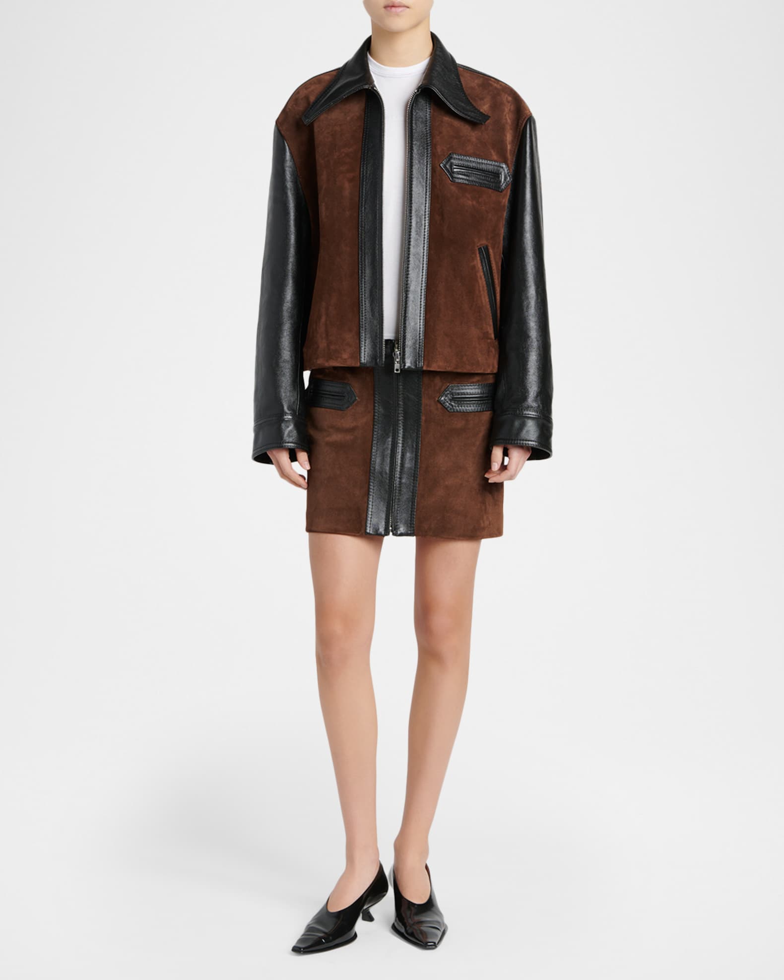 Marni Suede & Shiny Leather Zip Jacket | Neiman Marcus