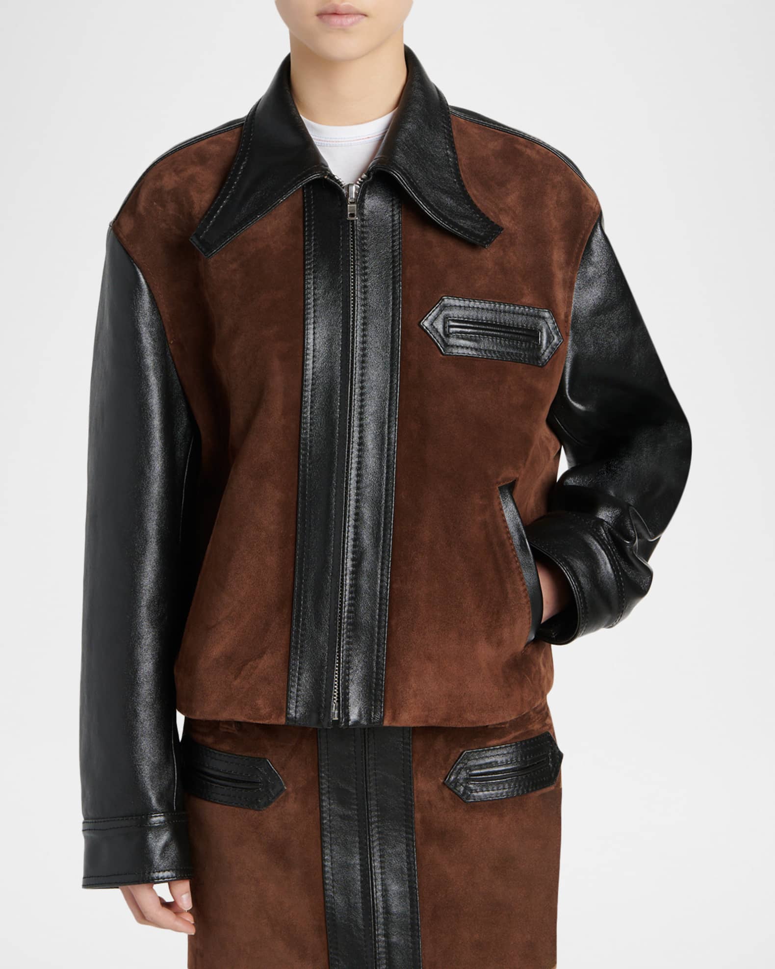 Marni Suede & Shiny Leather Zip Jacket | Neiman Marcus