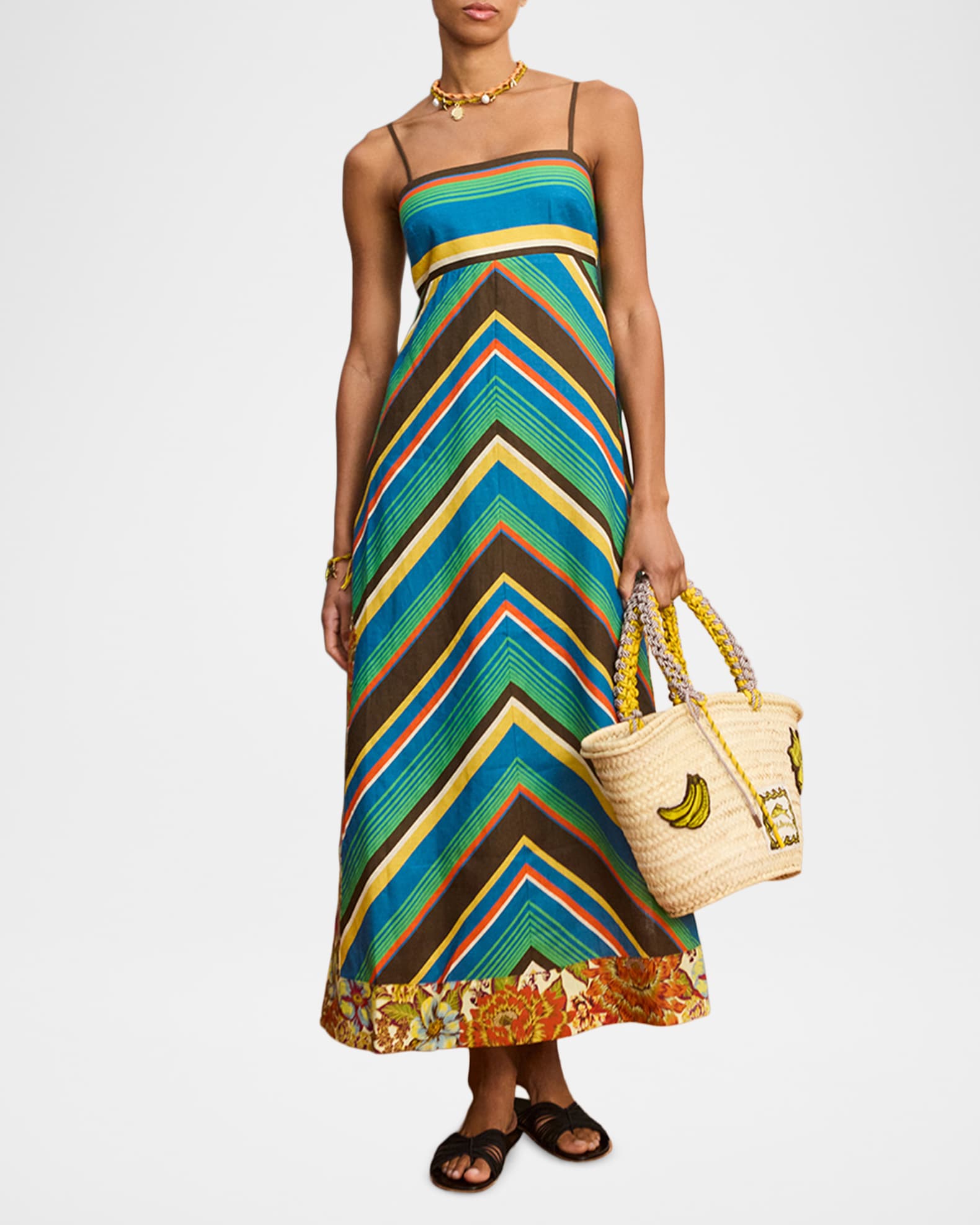 ALEMAIS Charlie Chevron-Print Linen Midi Dress | Neiman Marcus