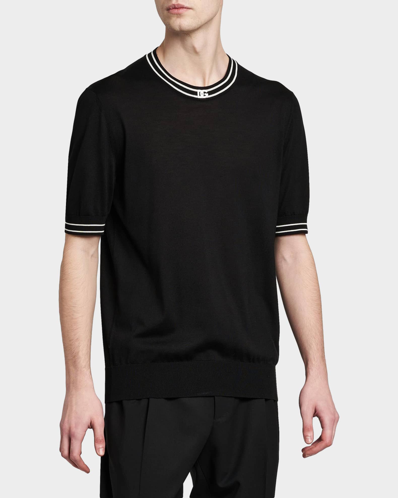Dolce&Gabbana Men's Nero Silk Knit Ribbed-Logo Trim Crewneck T