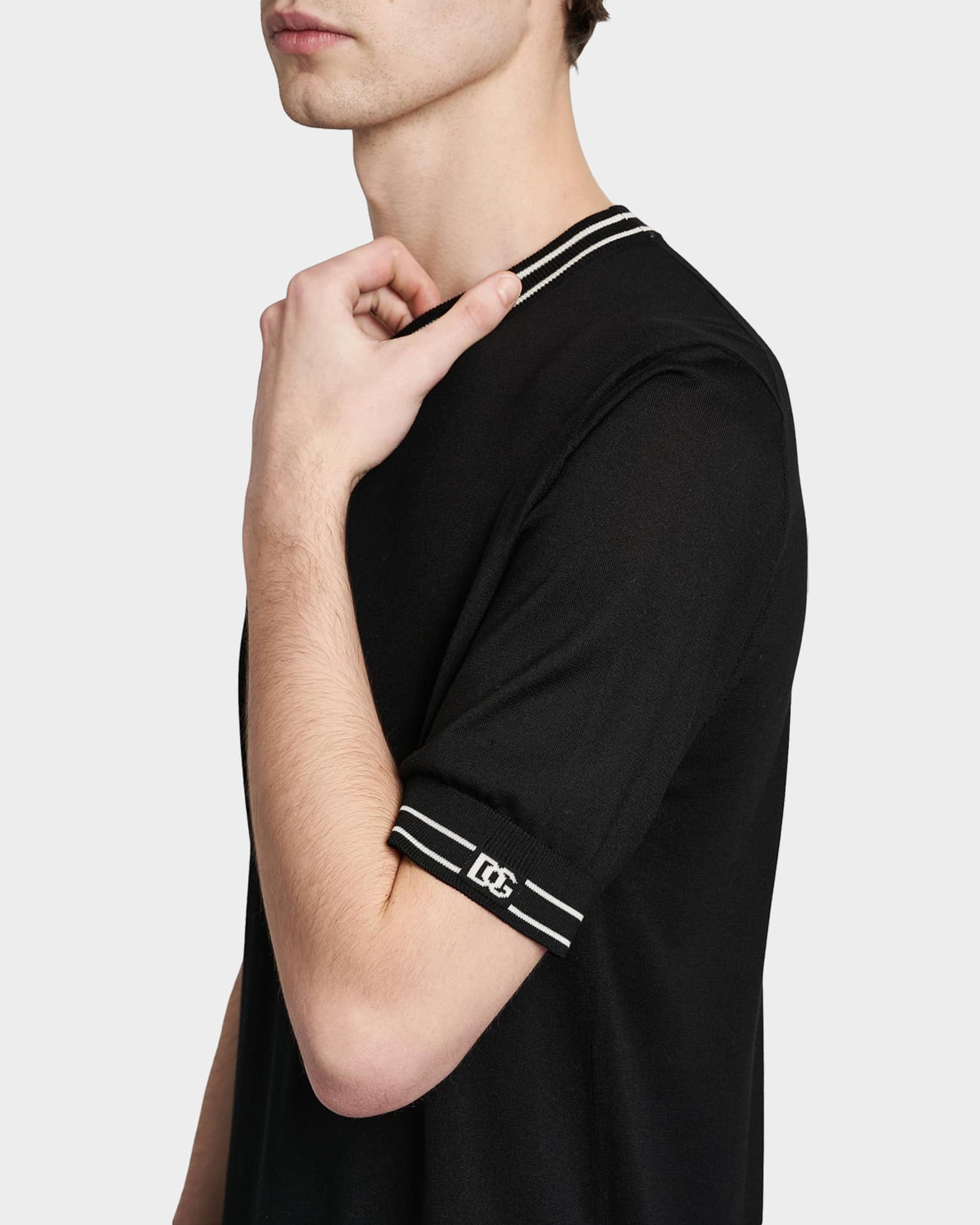 Dolce&Gabbana Men's Nero Silk Knit Ribbed-Logo Trim Crewneck T