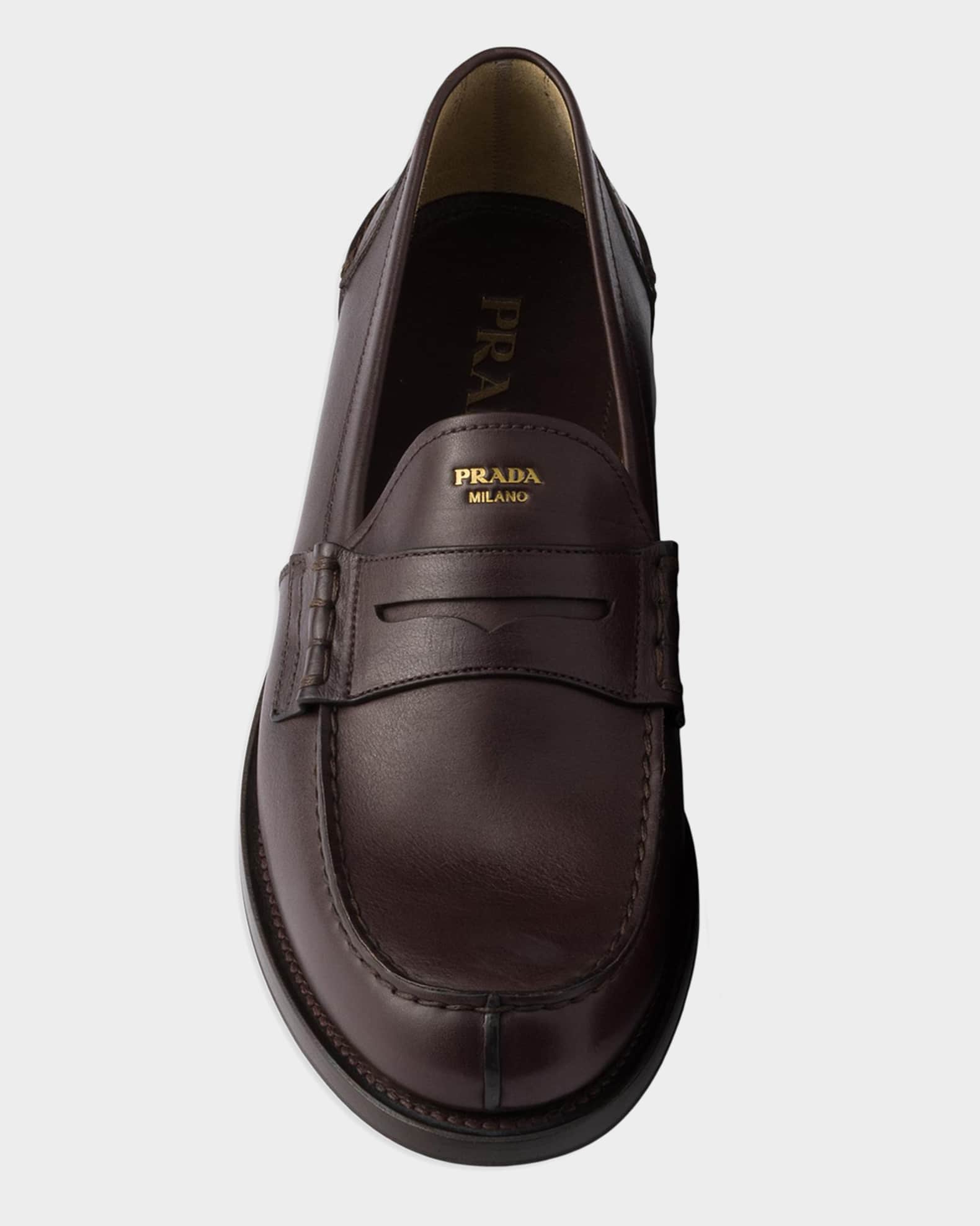 prada tobacco loafers Prada Men's Shuffle Aged Canvas & Leather Tobacco Boat Shoes Monoblock rubber sole Prada Leather Loafers, Man, Dark