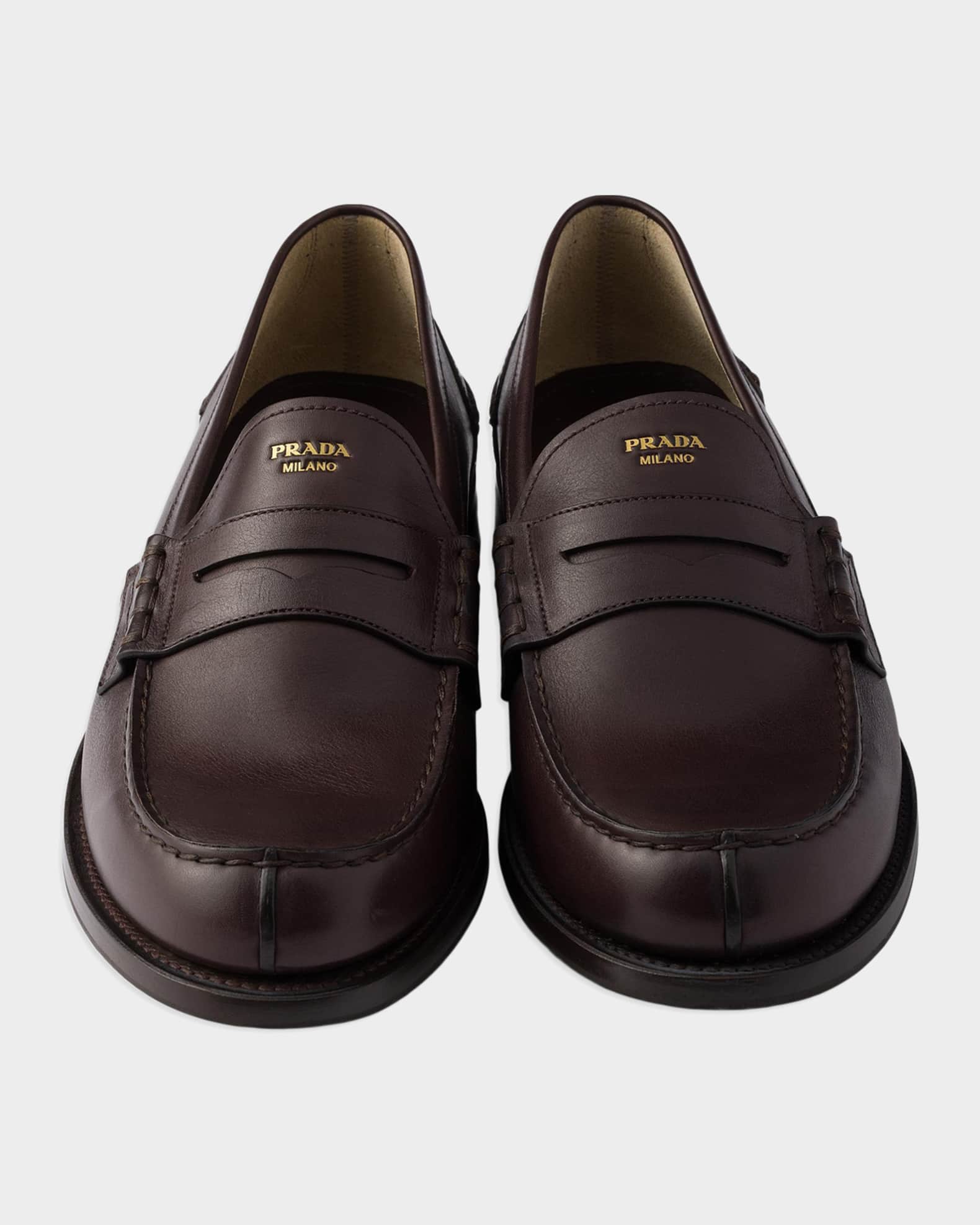Prada Men's Leather Moc-Toe Penny Loafers | Neiman Marcus