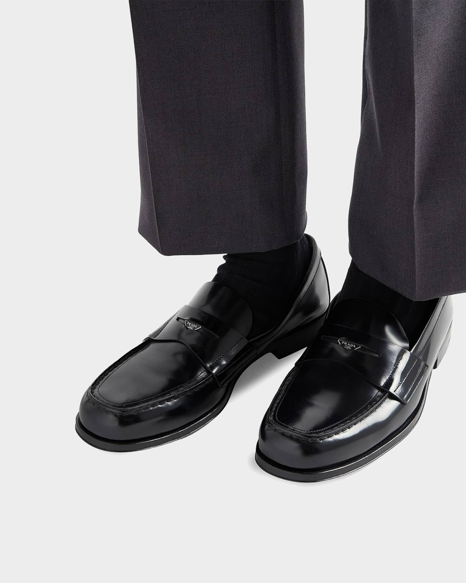 Prada Men's Brushed Leather Penny Loafers | Neiman Marcus