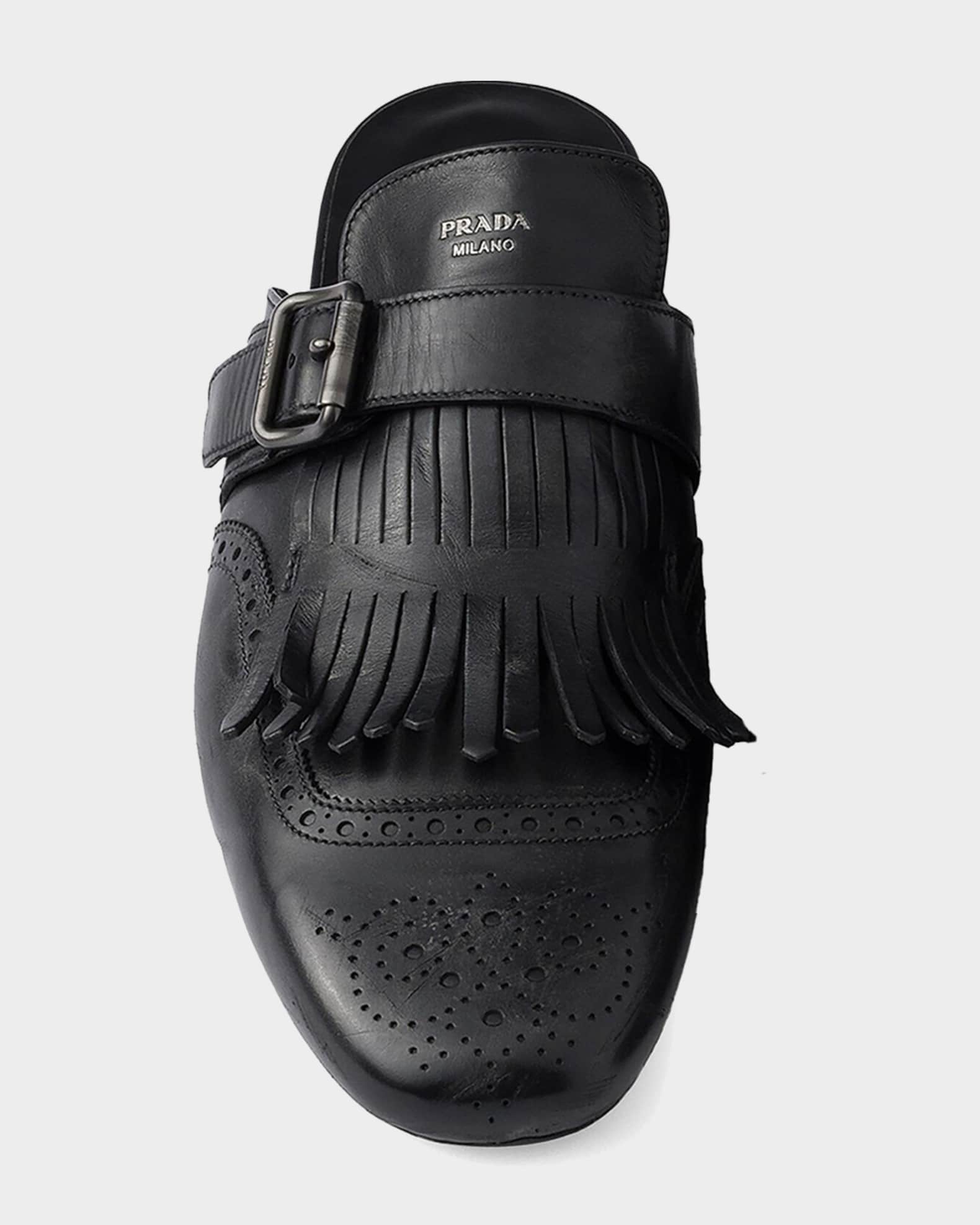 Prada Men's Shuffle Antiqued Leather Monk-Strap Mules with Fringe