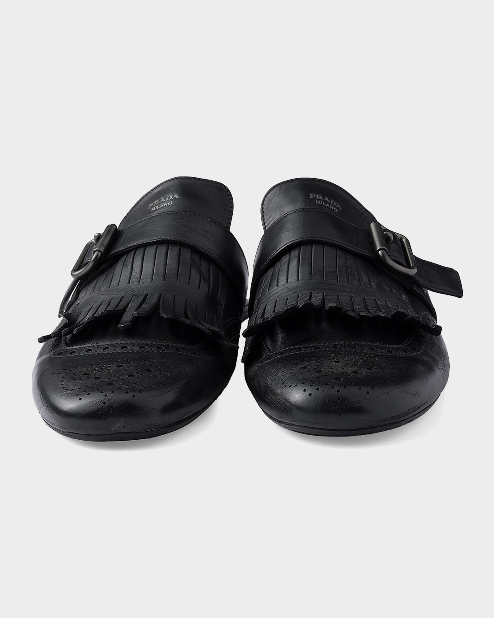 Prada Men's Shuffle Antiqued Leather Monk-Strap Mules with Fringe