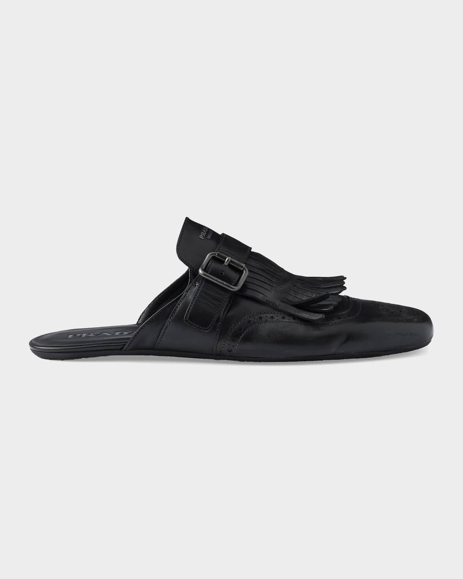 Prada Men's Shuffle Antiqued Leather Monk-Strap Mules with Fringe