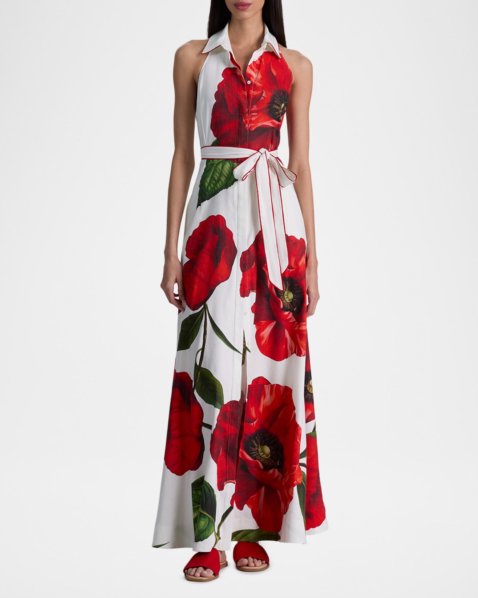 ALICE + OLIVIA Chassidy Poppy Linen-Blend Halter Dress | Neiman Marcus