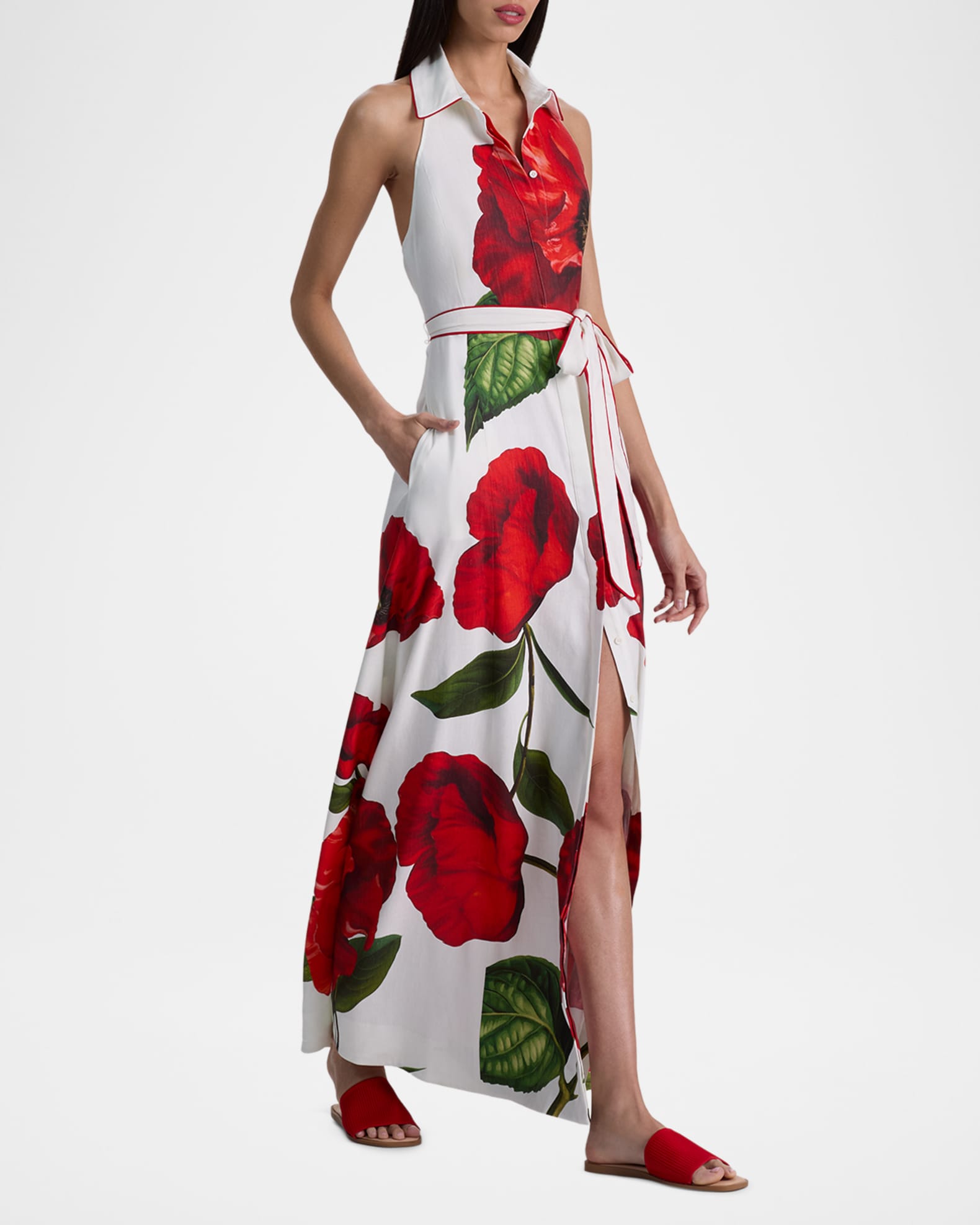 ALICE + OLIVIA Chassidy Poppy Linen-Blend Halter Dress | Neiman Marcus
