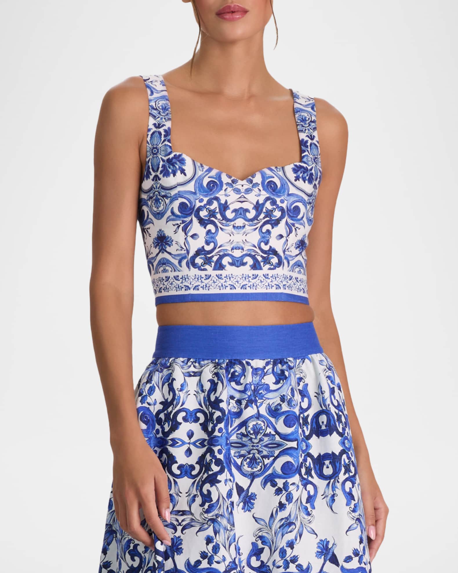 ALICE + OLIVIA Miriam Printed Linen Crop Top | Neiman Marcus