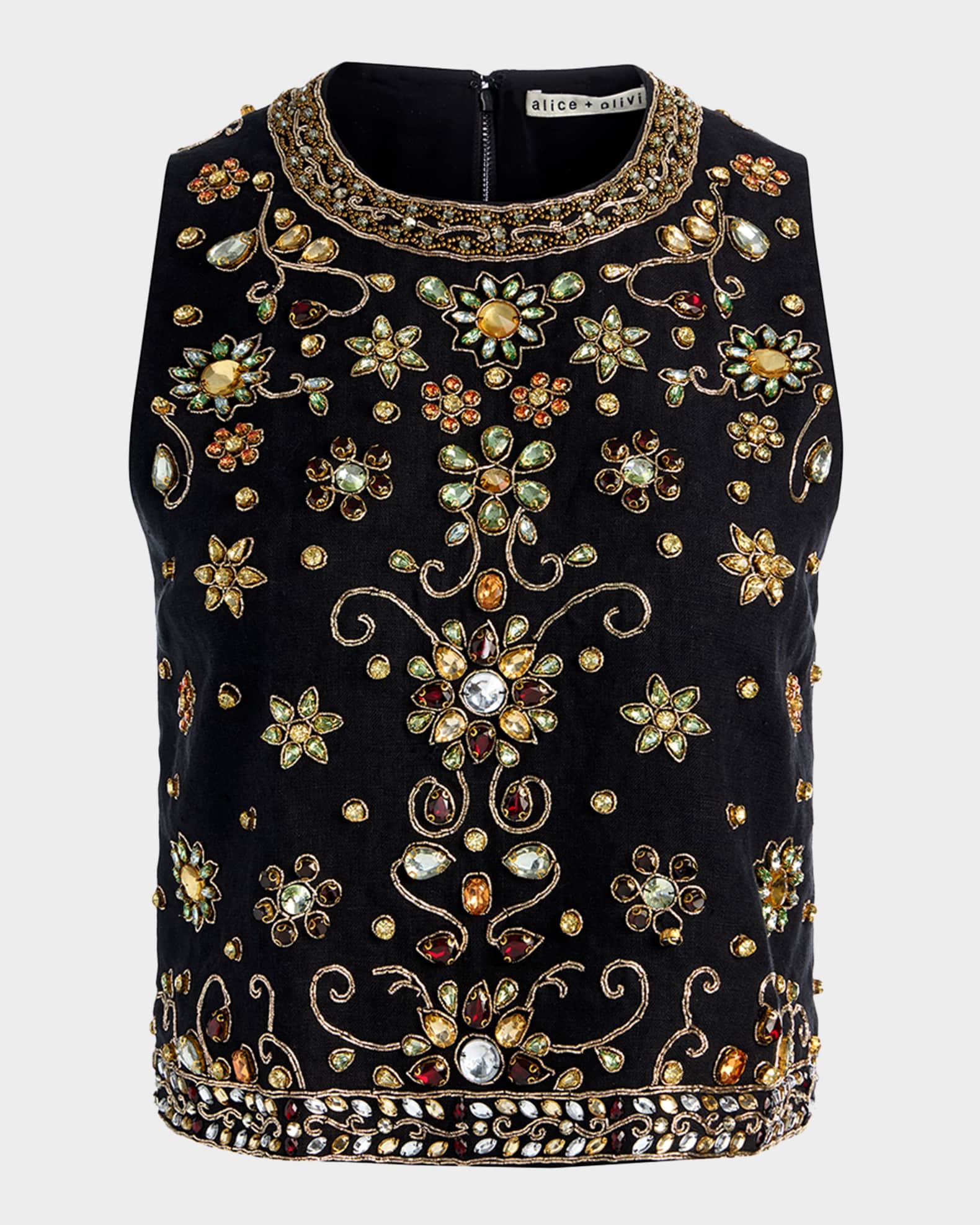 ALICE + OLIVIA Amal Embellished Linen Top | Neiman Marcus