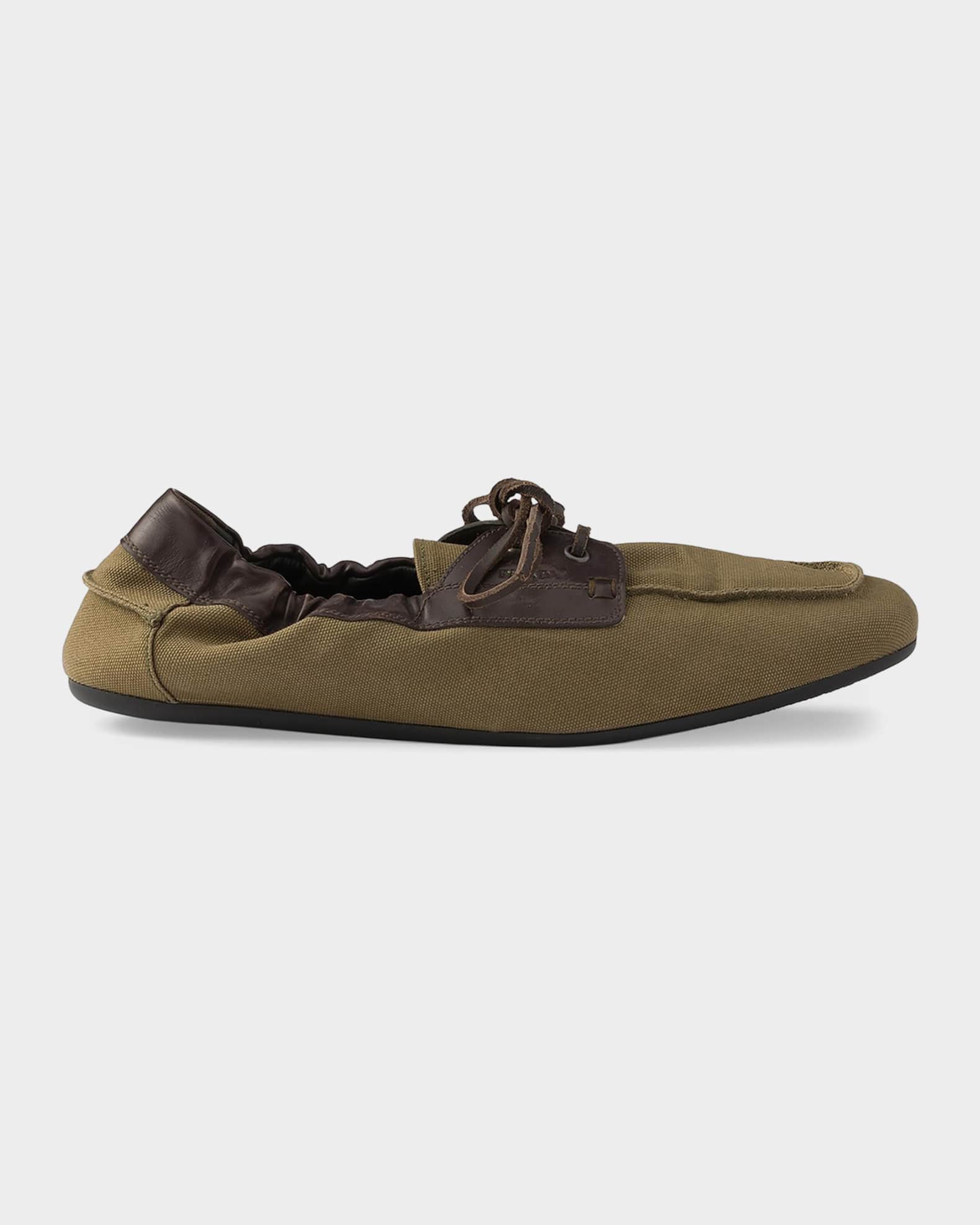 Prada Men's Shuffle Aged Canvas & Leather Boat Shoes | Neiman Marcus