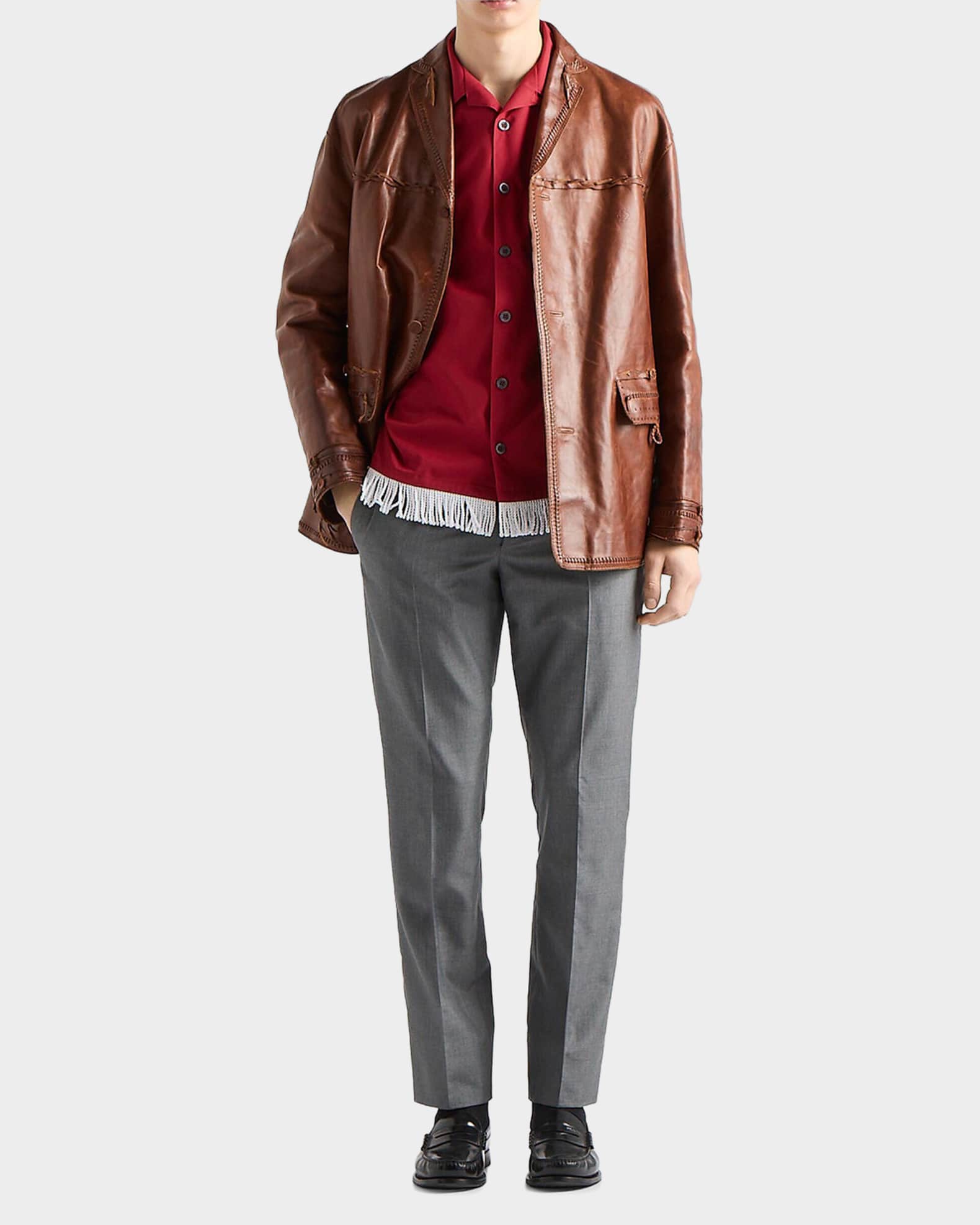 Prada Men's Cotton-Blend Fringed Bowling Shirt | Neiman Marcus