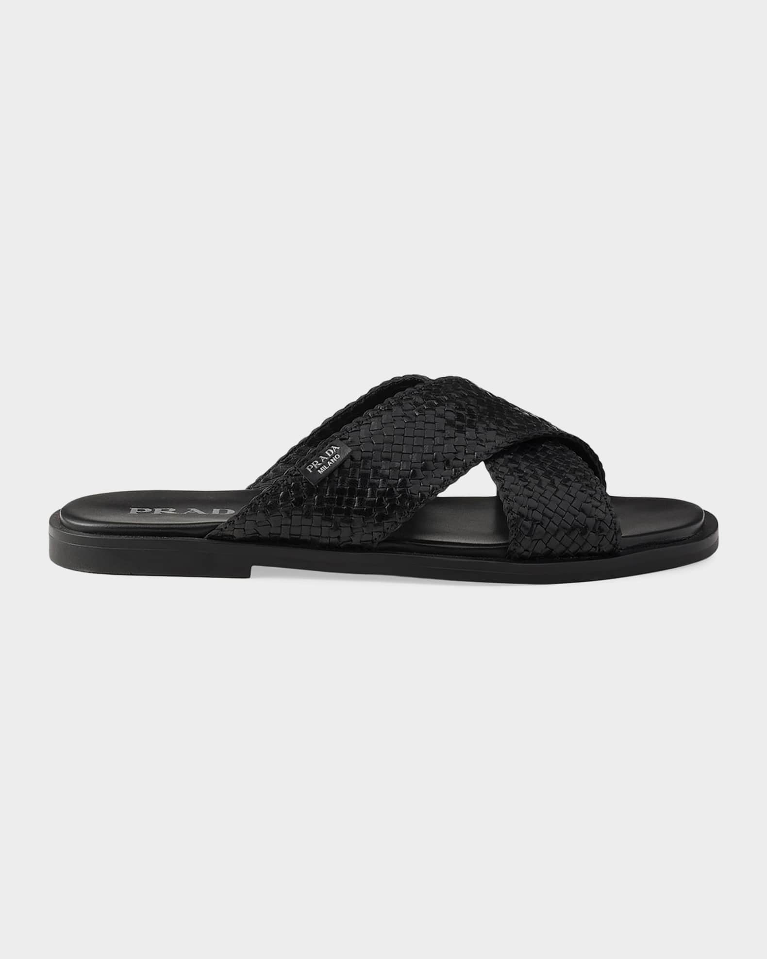 Prada Men's Woven Leather Cross-Strap Slides | Neiman Marcus