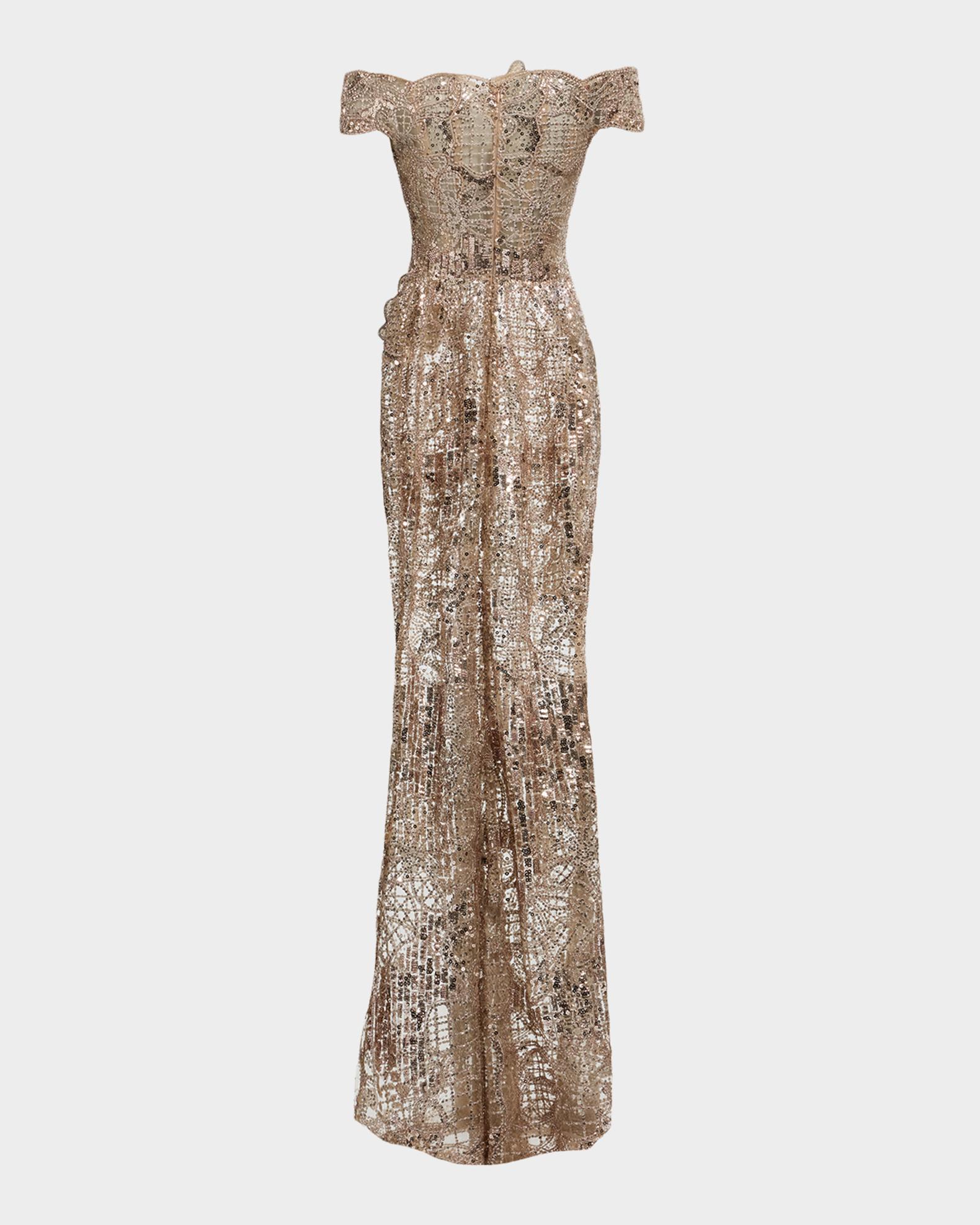 Elie Saab Off-The-Shoulder Sequined Silk Trumpet Gown