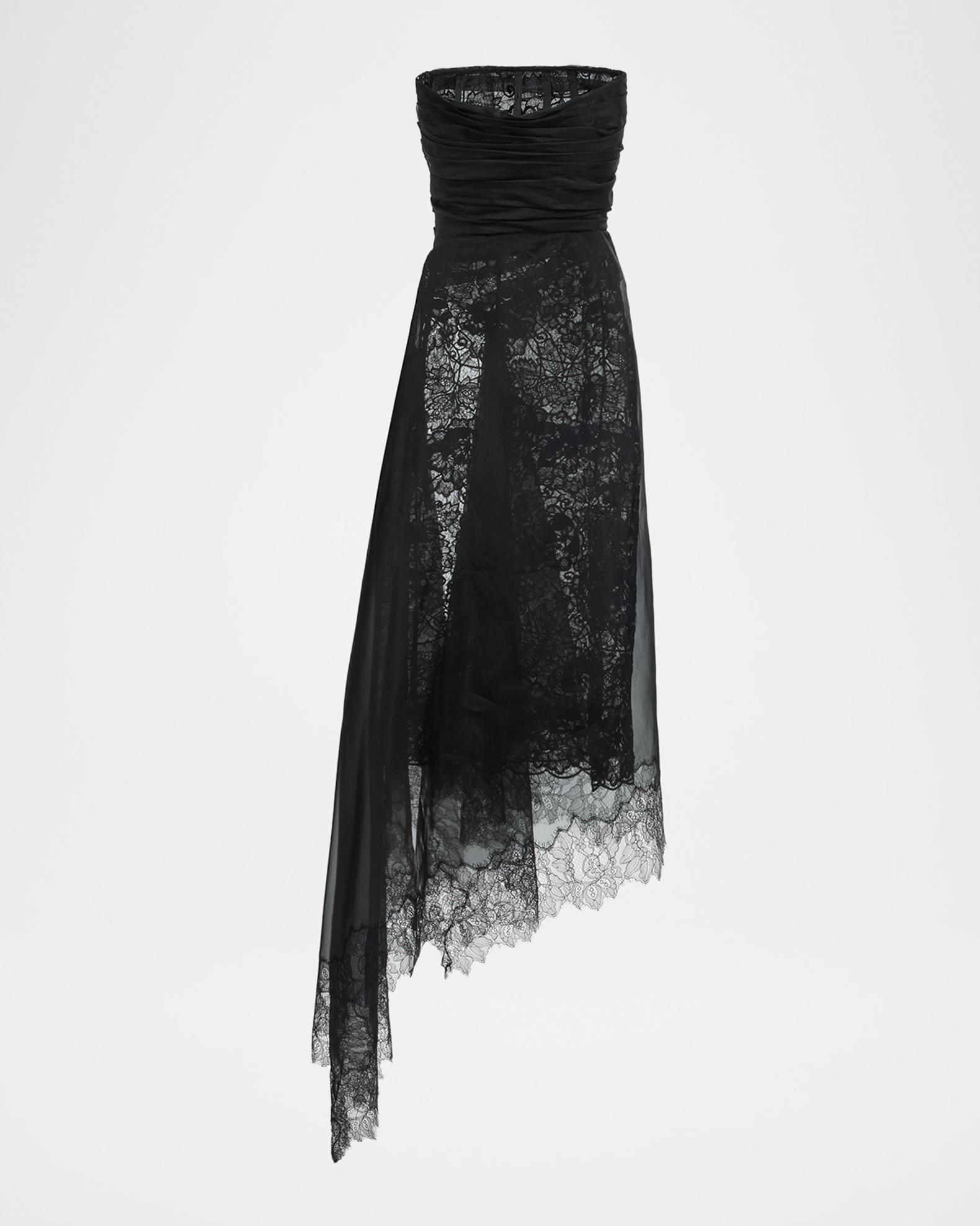Elie Saab Strapless Asymmetric Layered Lace-Trim Midi Dress
