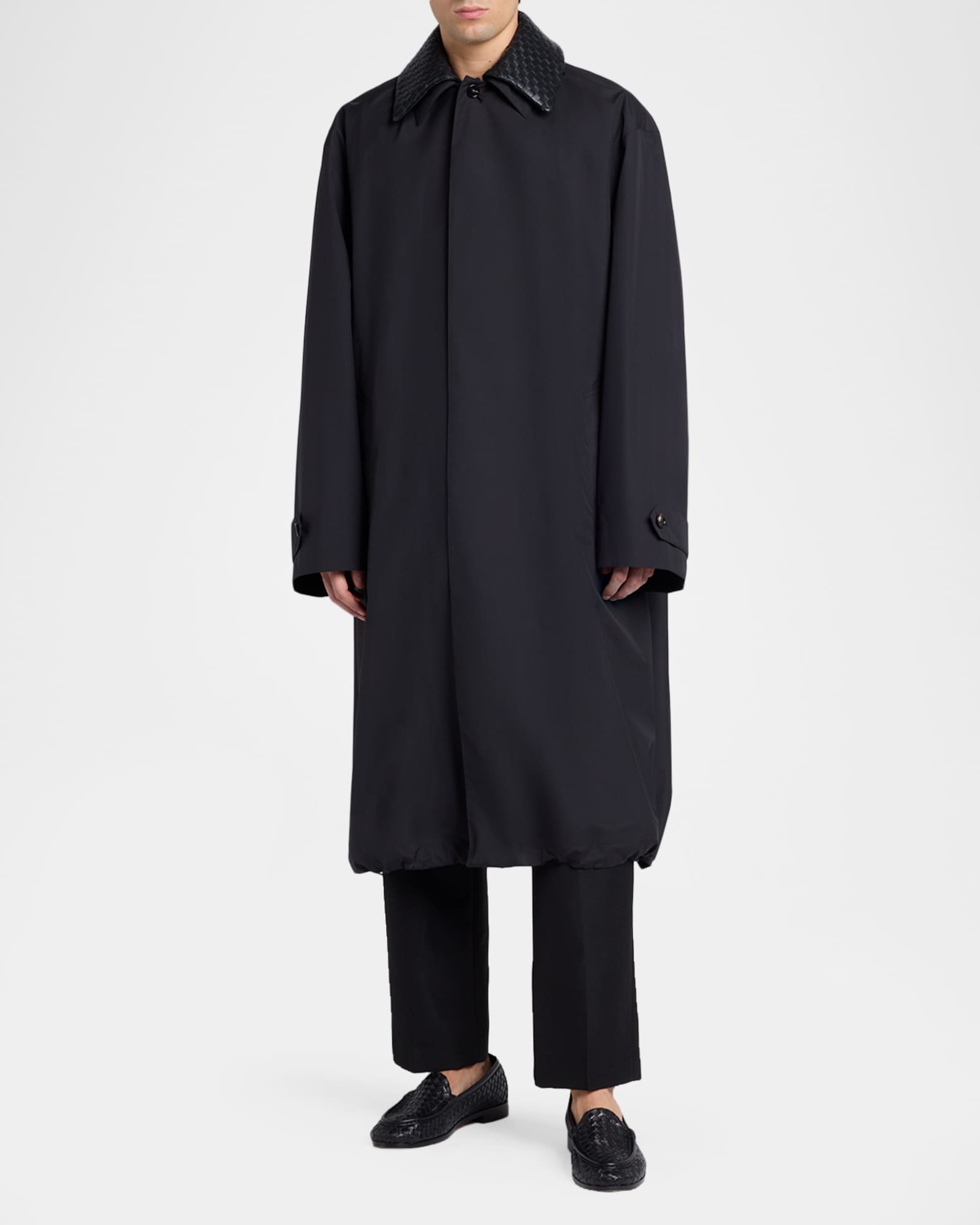Bottega Veneta Men's Leather Intrecciato-Collar Overcoat | Neiman