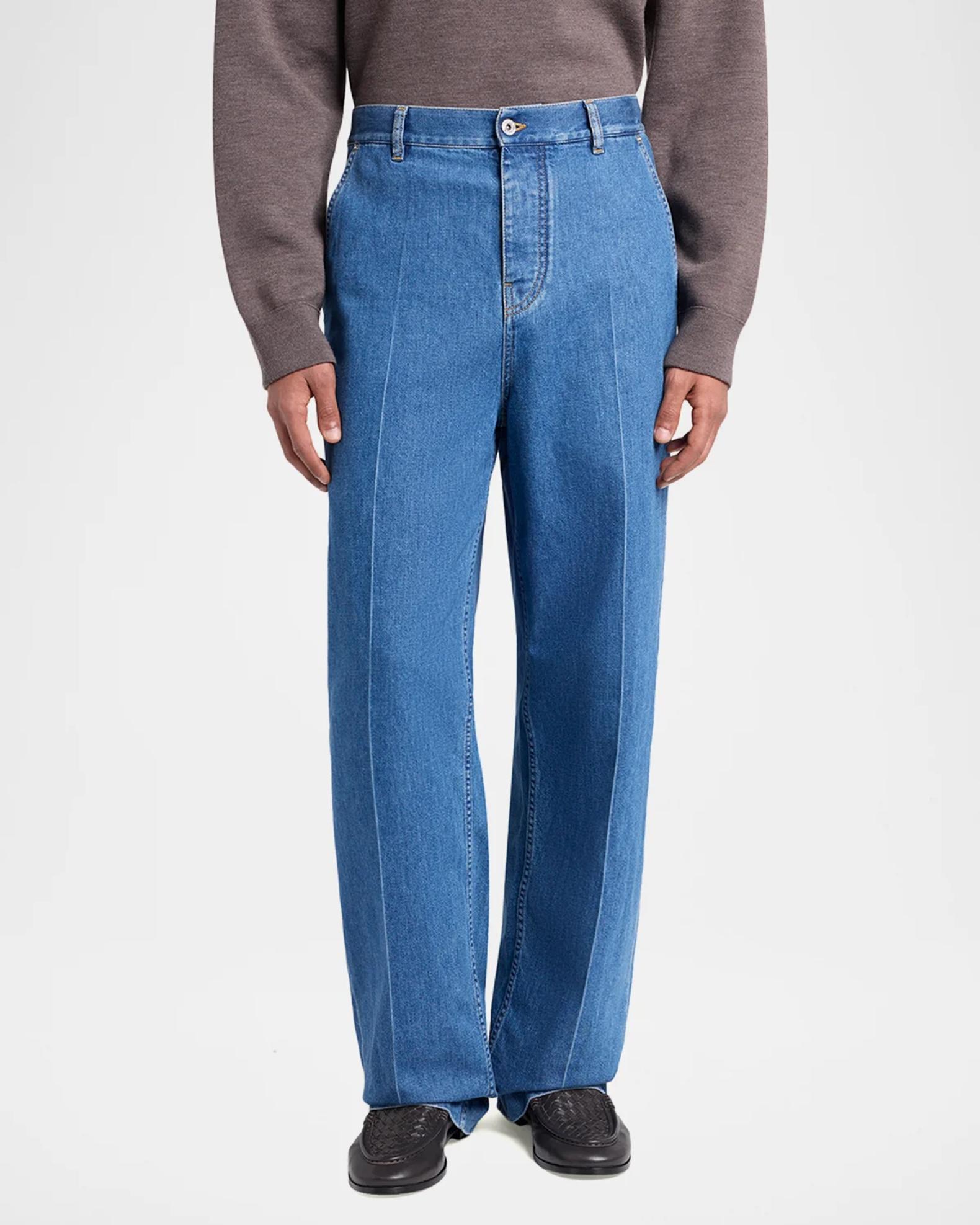 Bottega Veneta Men's Intrecciato Label Wide-Leg Jeans | Neiman Marcus
