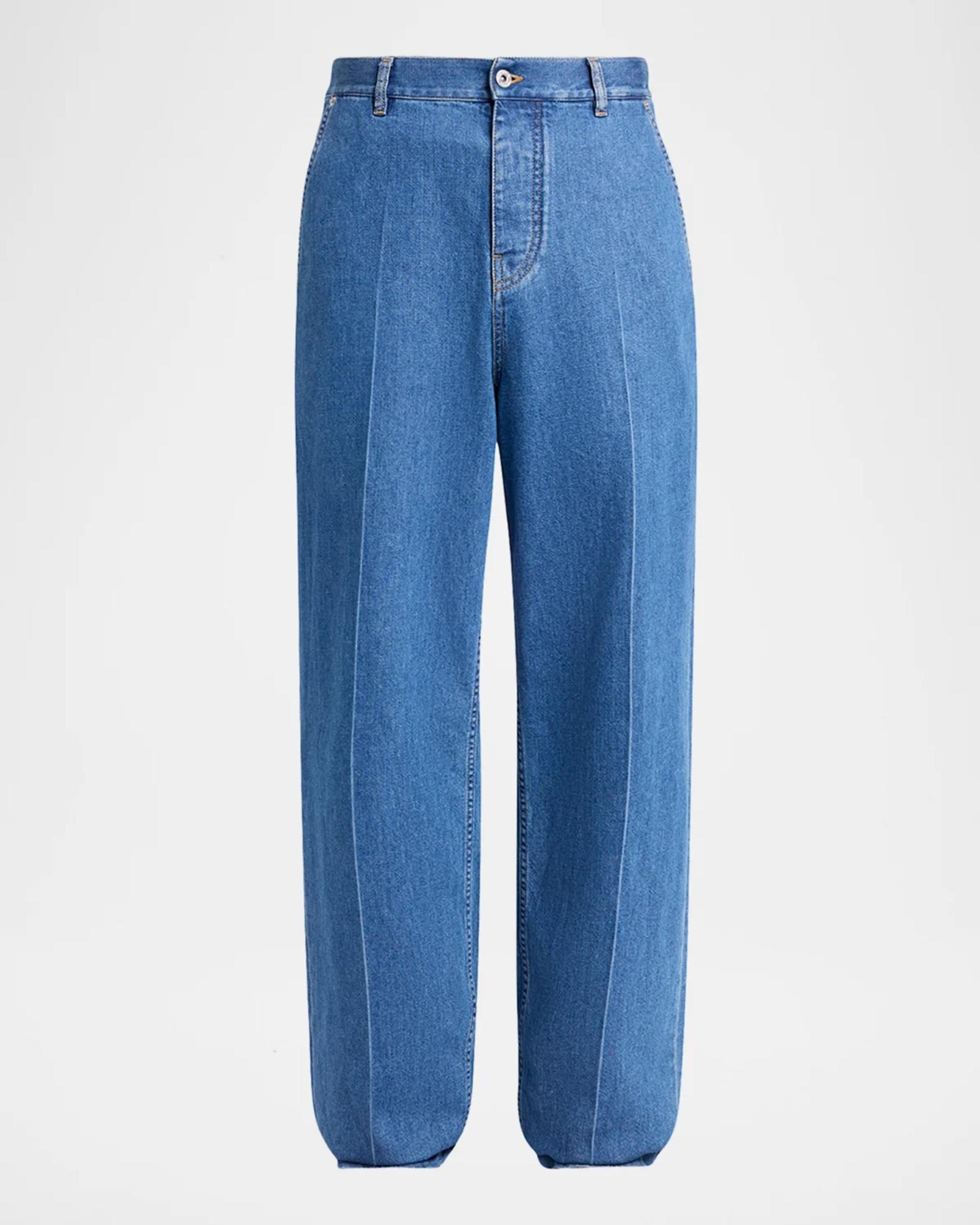 Bottega Veneta Men's Intrecciato Label Wide-Leg Jeans | Neiman Marcus