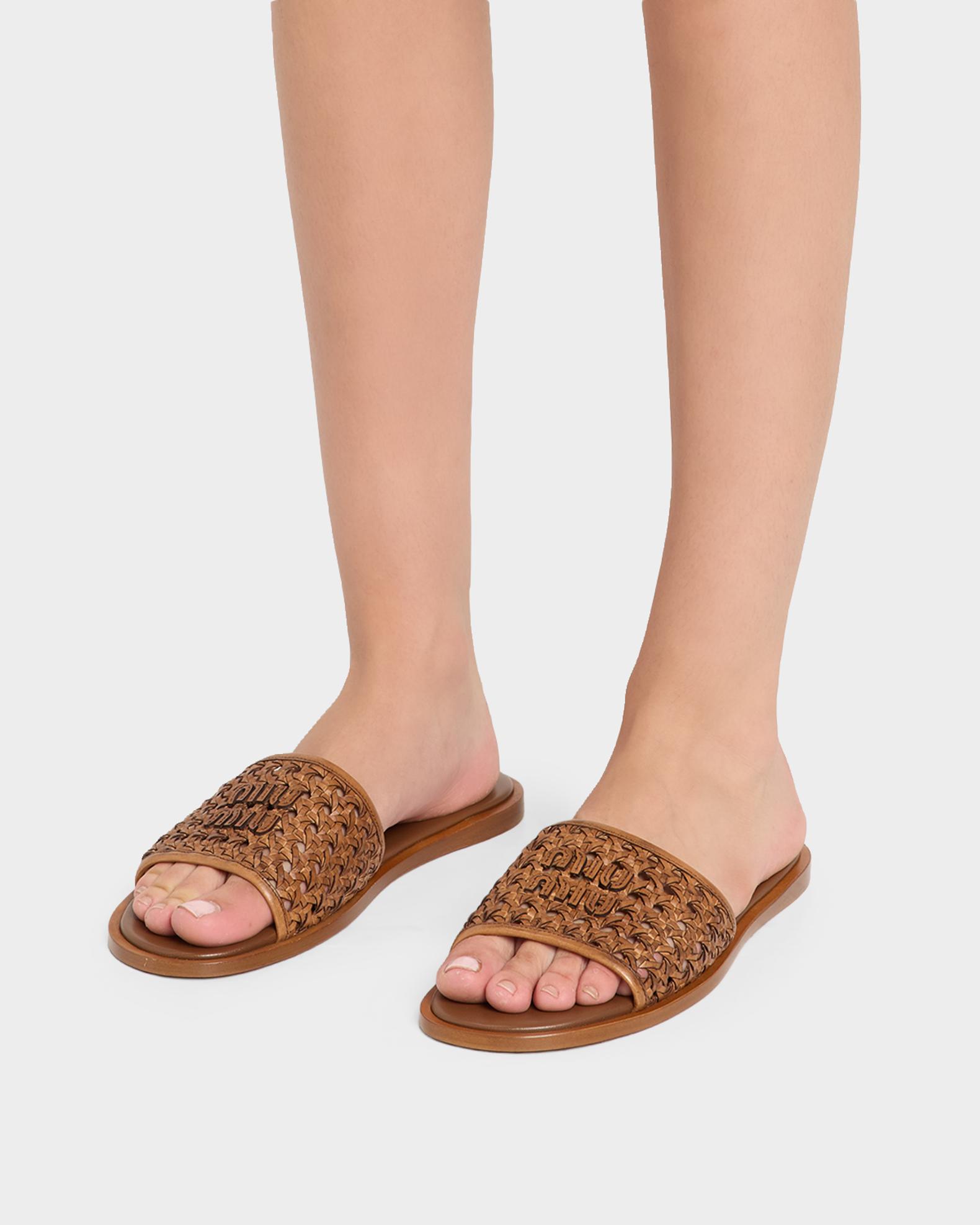 バンブーM Miu Miu Woven Leather Flat Slide Sandals | Neiman Marcus