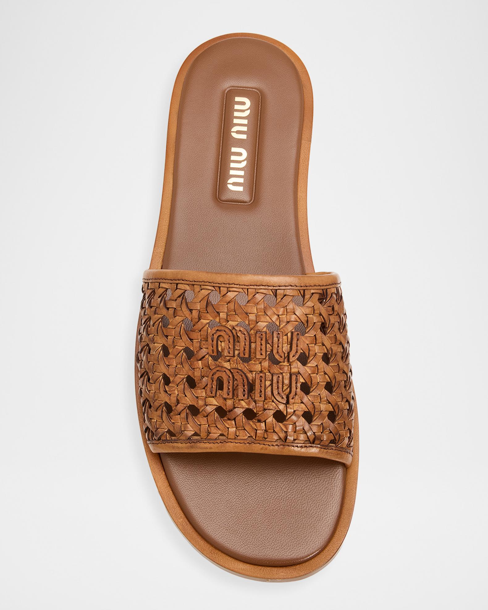 Miu Miu Woven Leather Flat Slide Sandals | Neiman Marcus
