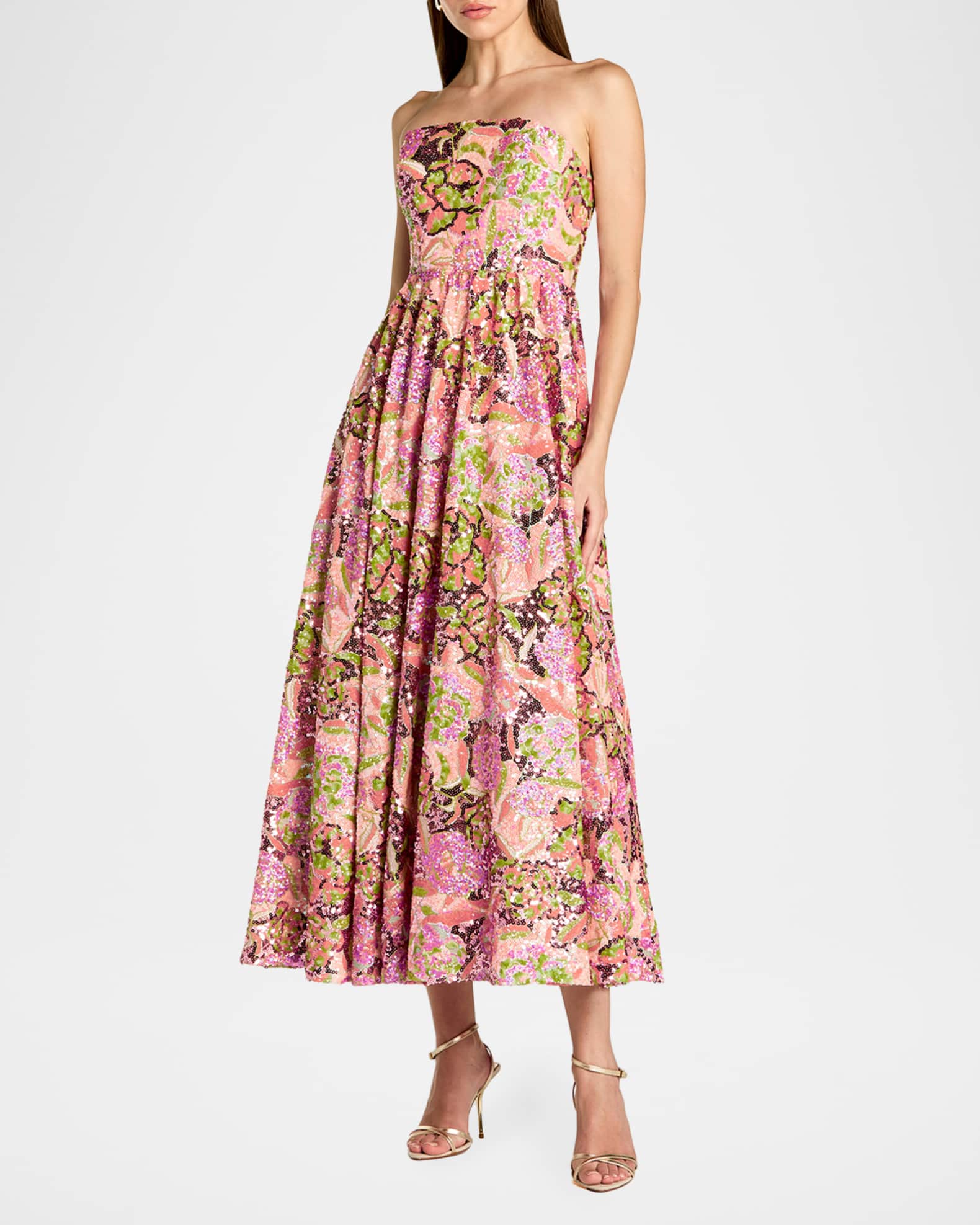 mac duggal strapless embroidered tulle midi dress Mac Duggal Embroidered Tulle A-Line Midi Dress