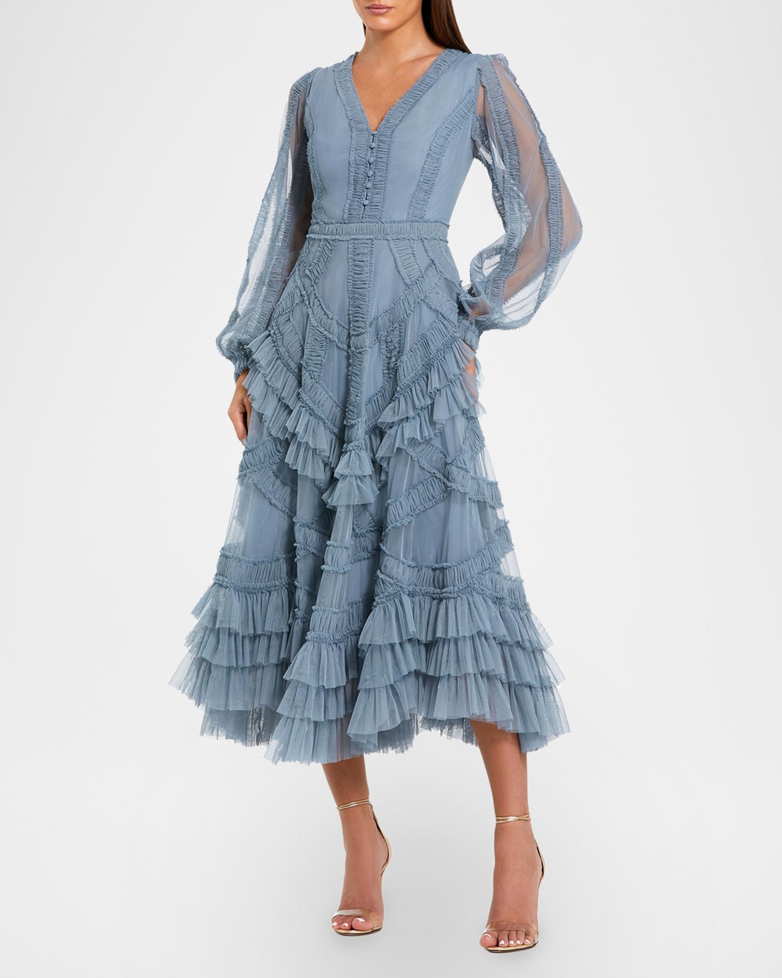 Mac Duggal Mesh Micro Ruffle Midi-Dress | Neiman Marcus