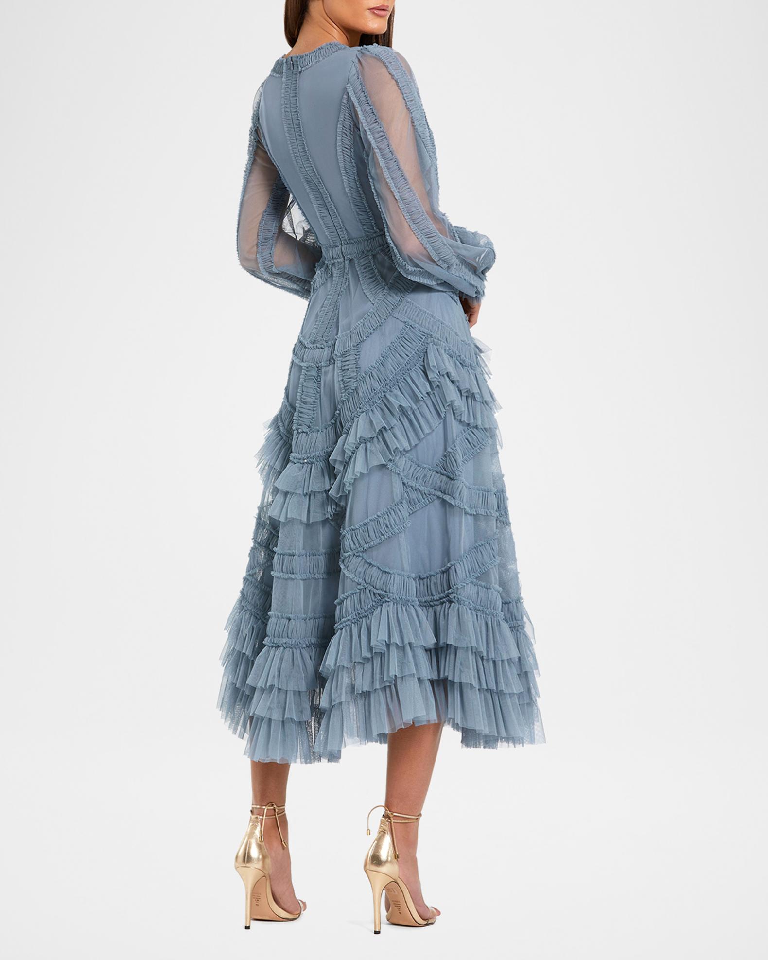 Mac Duggal Mesh Micro Ruffle Midi-Dress | Neiman Marcus