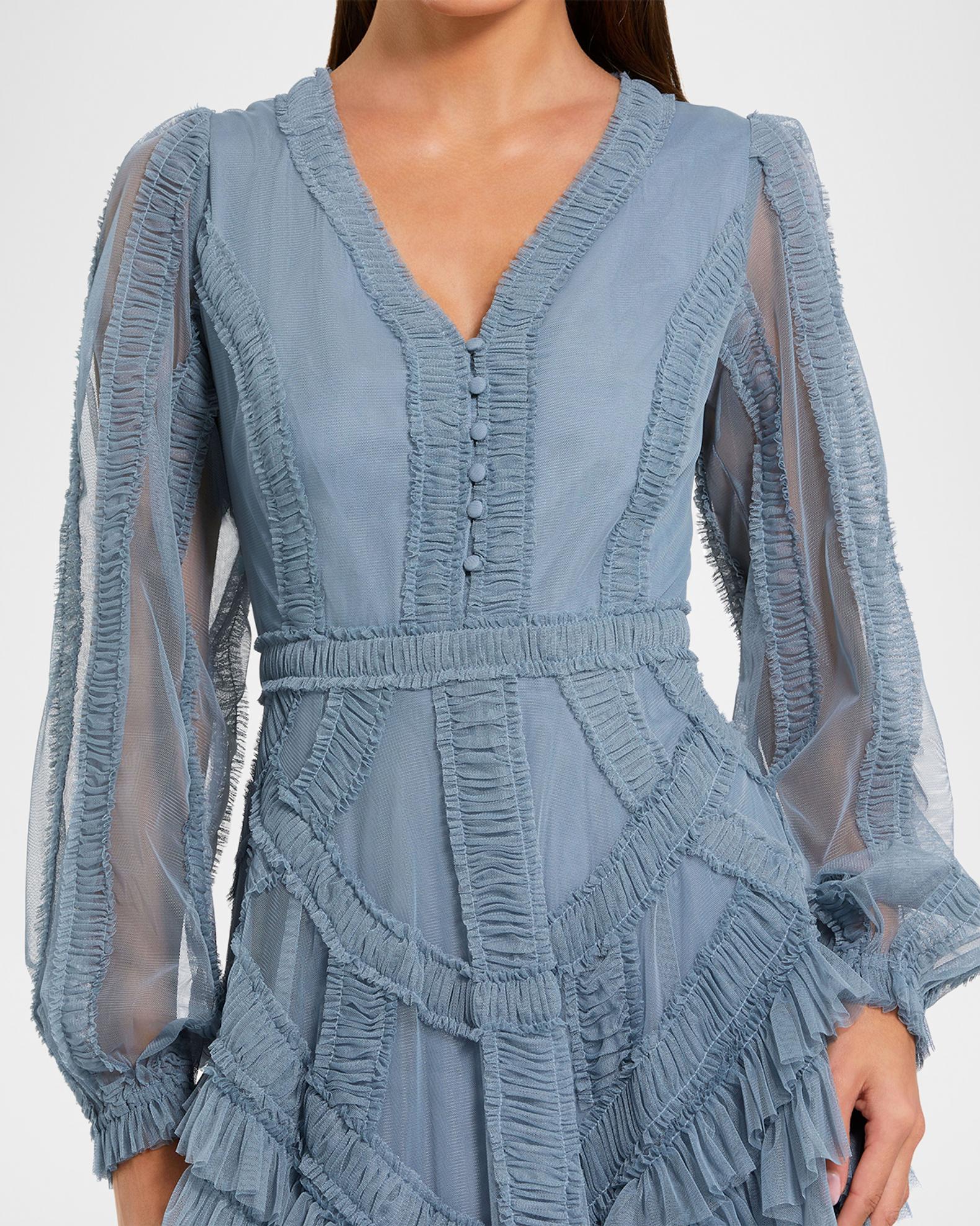 Mac Duggal Mesh Micro Ruffle Midi-Dress | Neiman Marcus