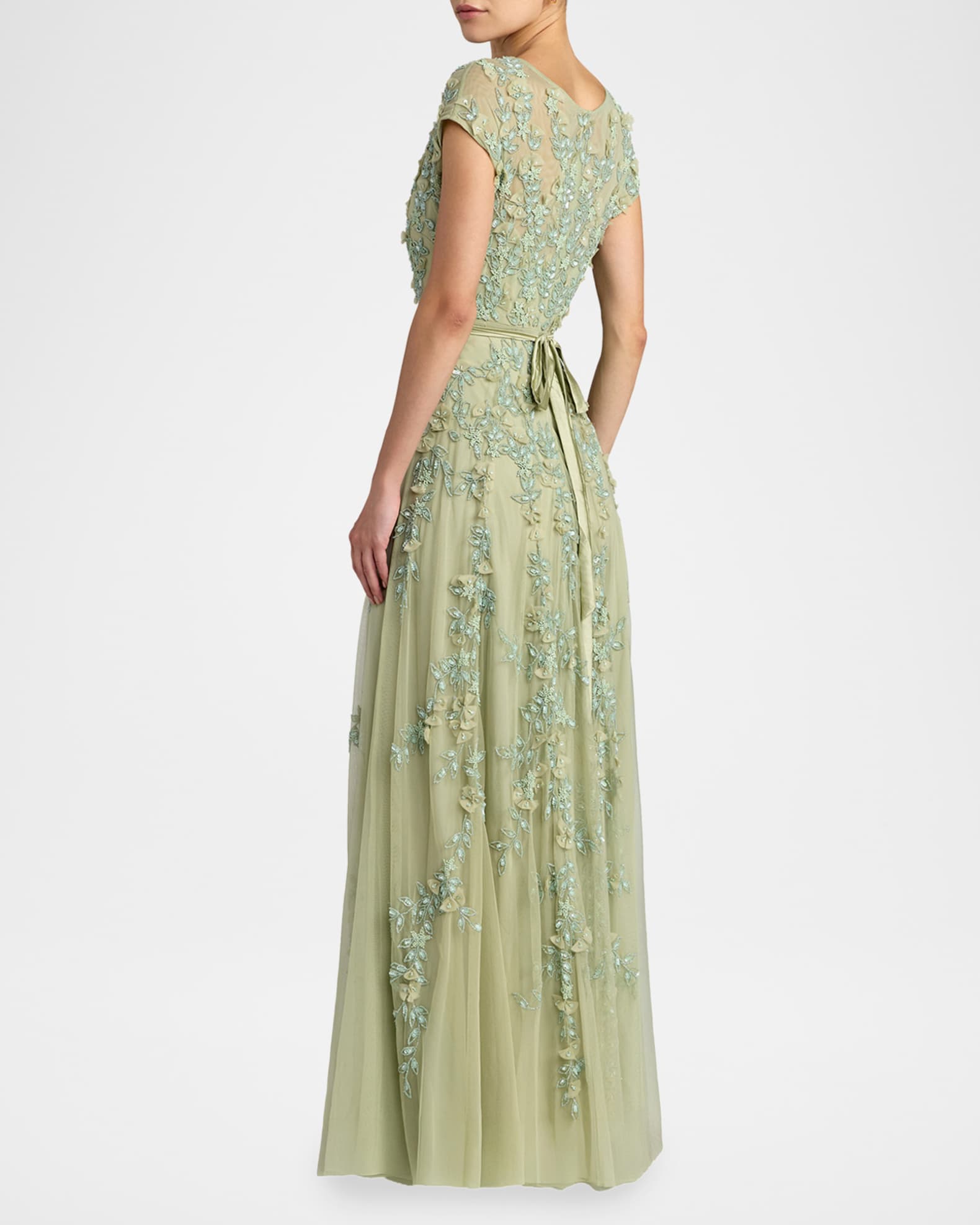 Mac Duggal Women's Floral Embellished Short Sleeve Mesh Gown - Sage