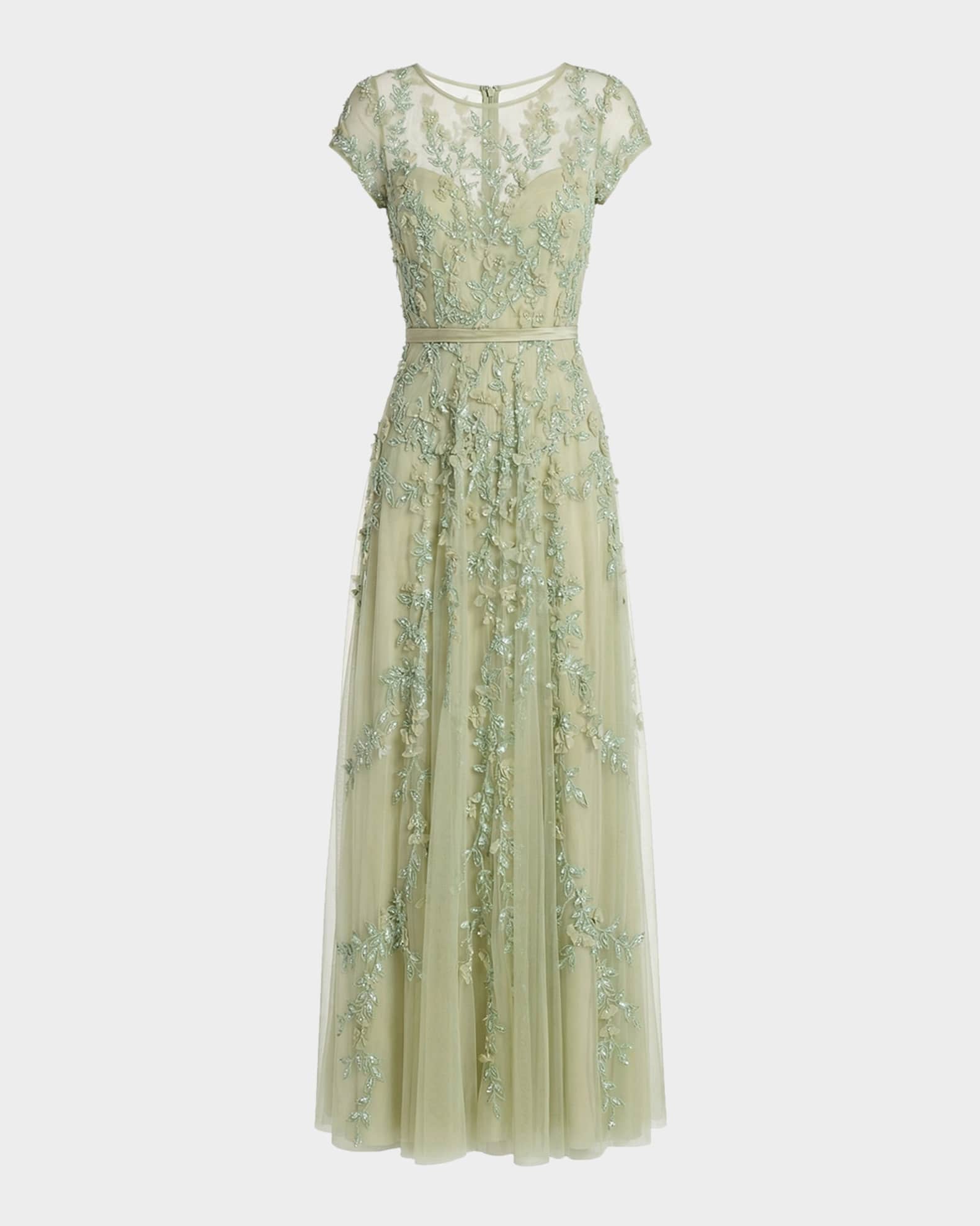 Mac Duggal Beaded Mesh Cap-Sleeve Gown | Neiman Marcus