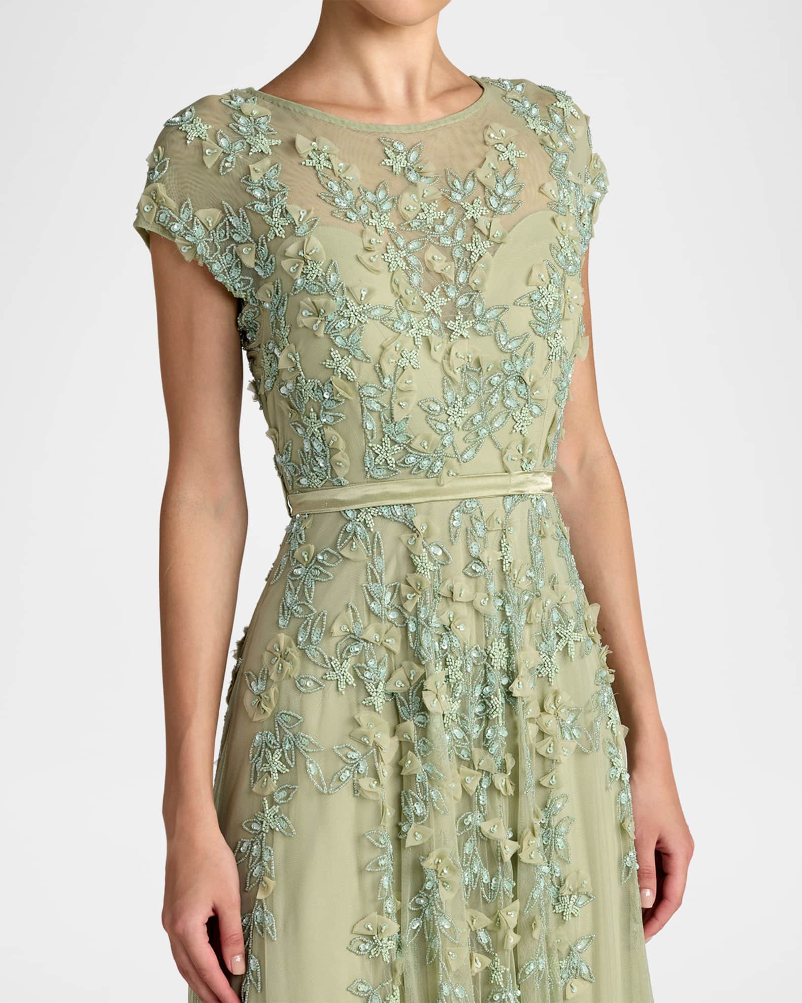 Mac Duggal Beaded Mesh Cap-Sleeve Gown | Neiman Marcus