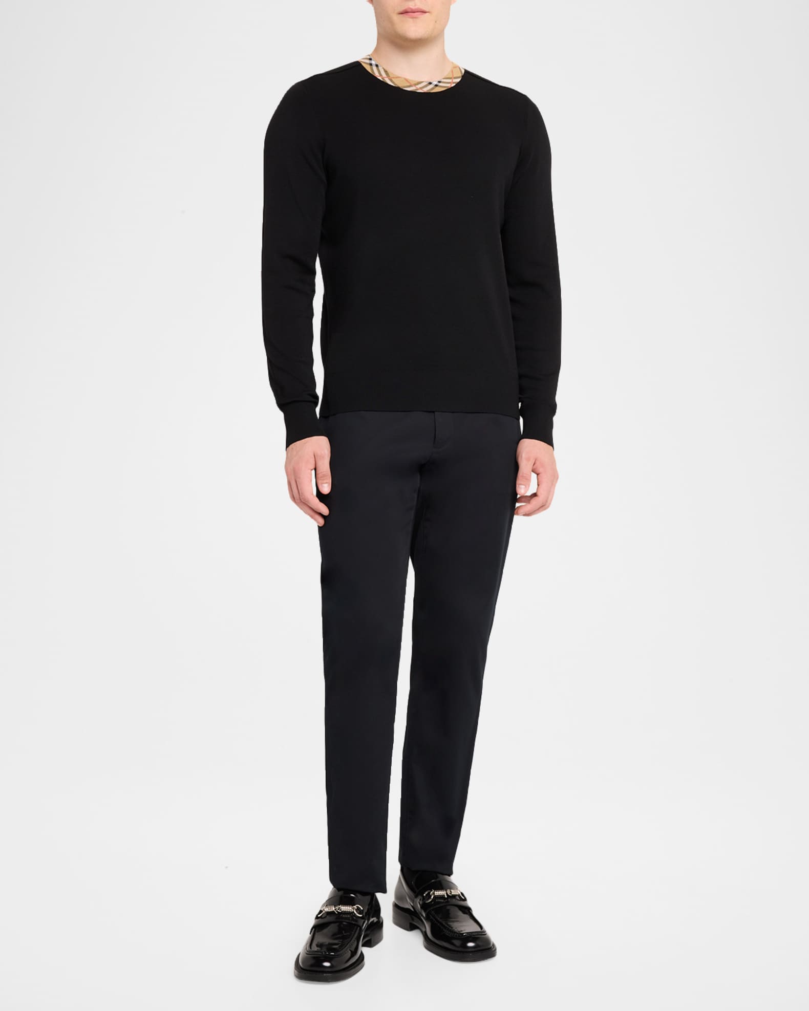 Burberry Men's Michael Crewneck-Check Wool Knit Sweater | Neiman
