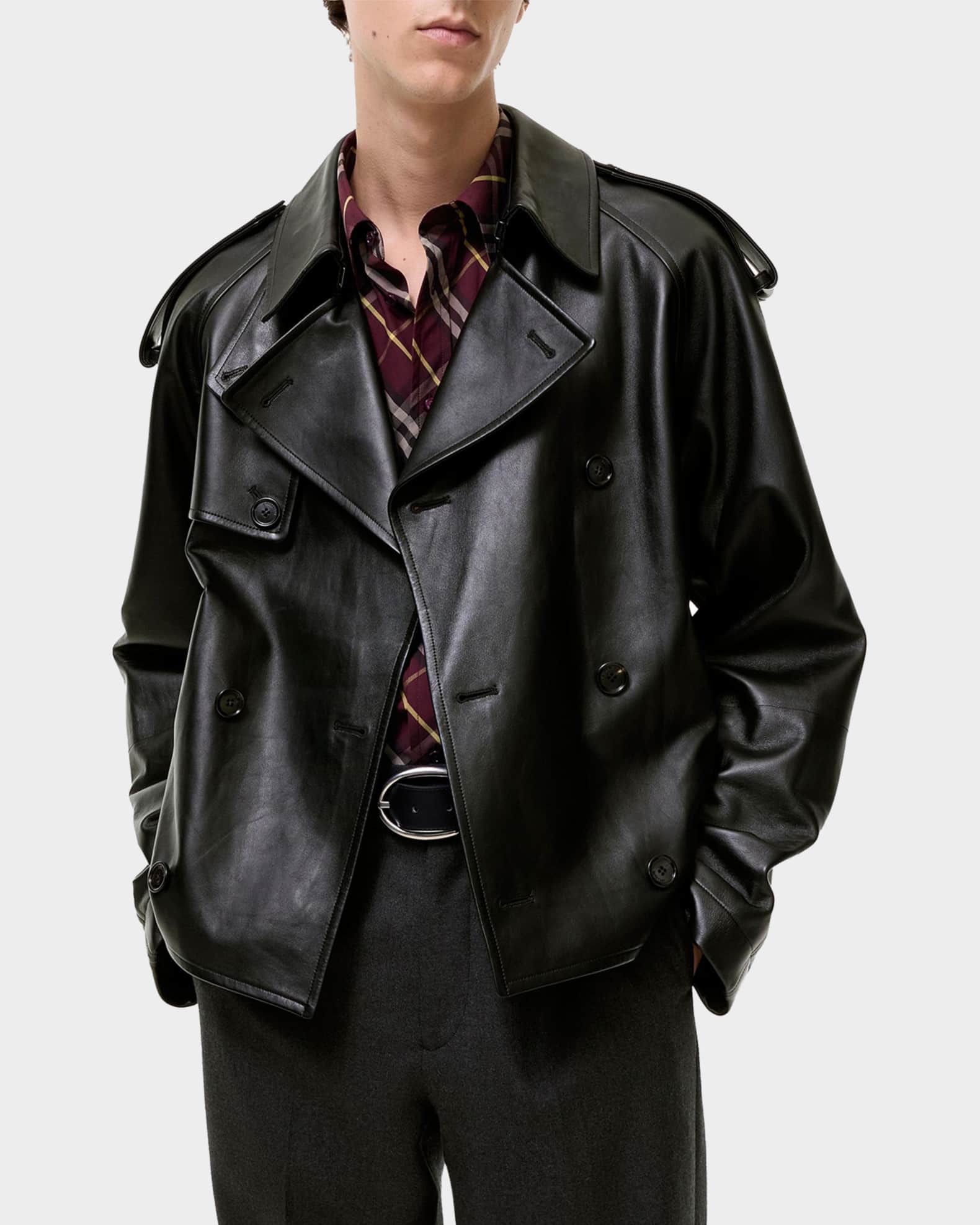 Burberry Men's Leadenham Double-Breasted Leather Jacket | Neiman
