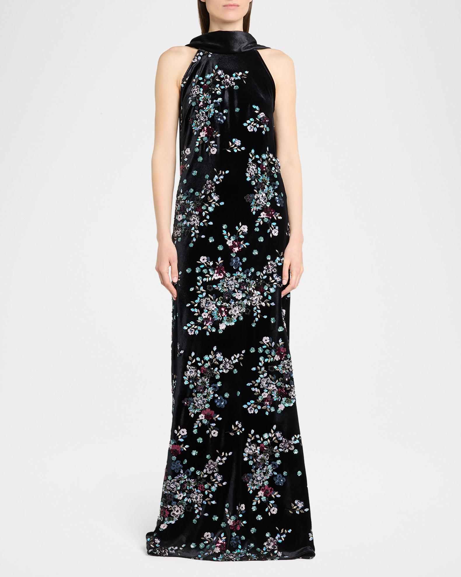 Talbot Runhof Sequin Bloom Velvet Neck-Scarf Halter Gown | Neiman Marcus