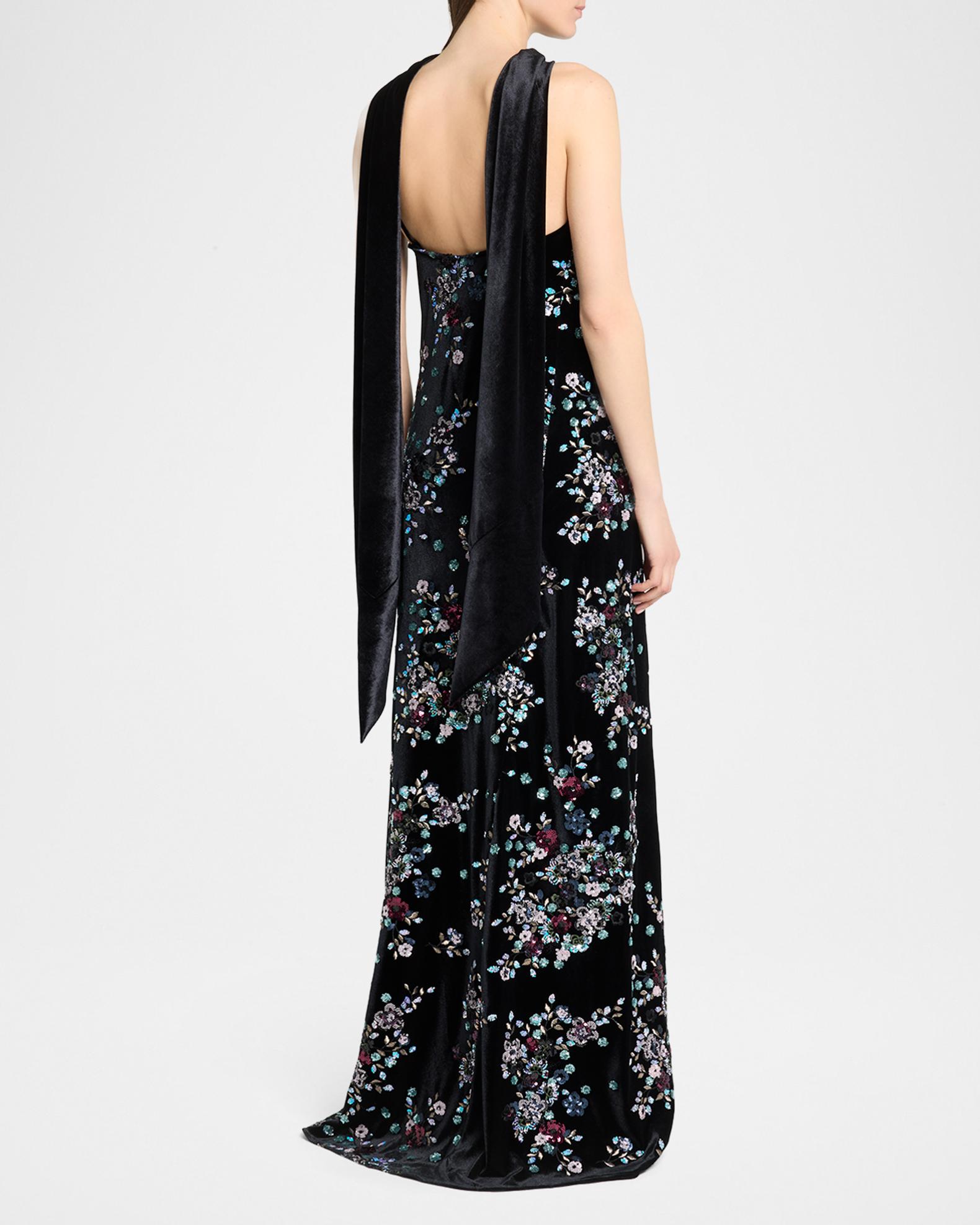 Talbot Runhof Sequin Bloom Velvet Neck-Scarf Halter Gown | Neiman Marcus