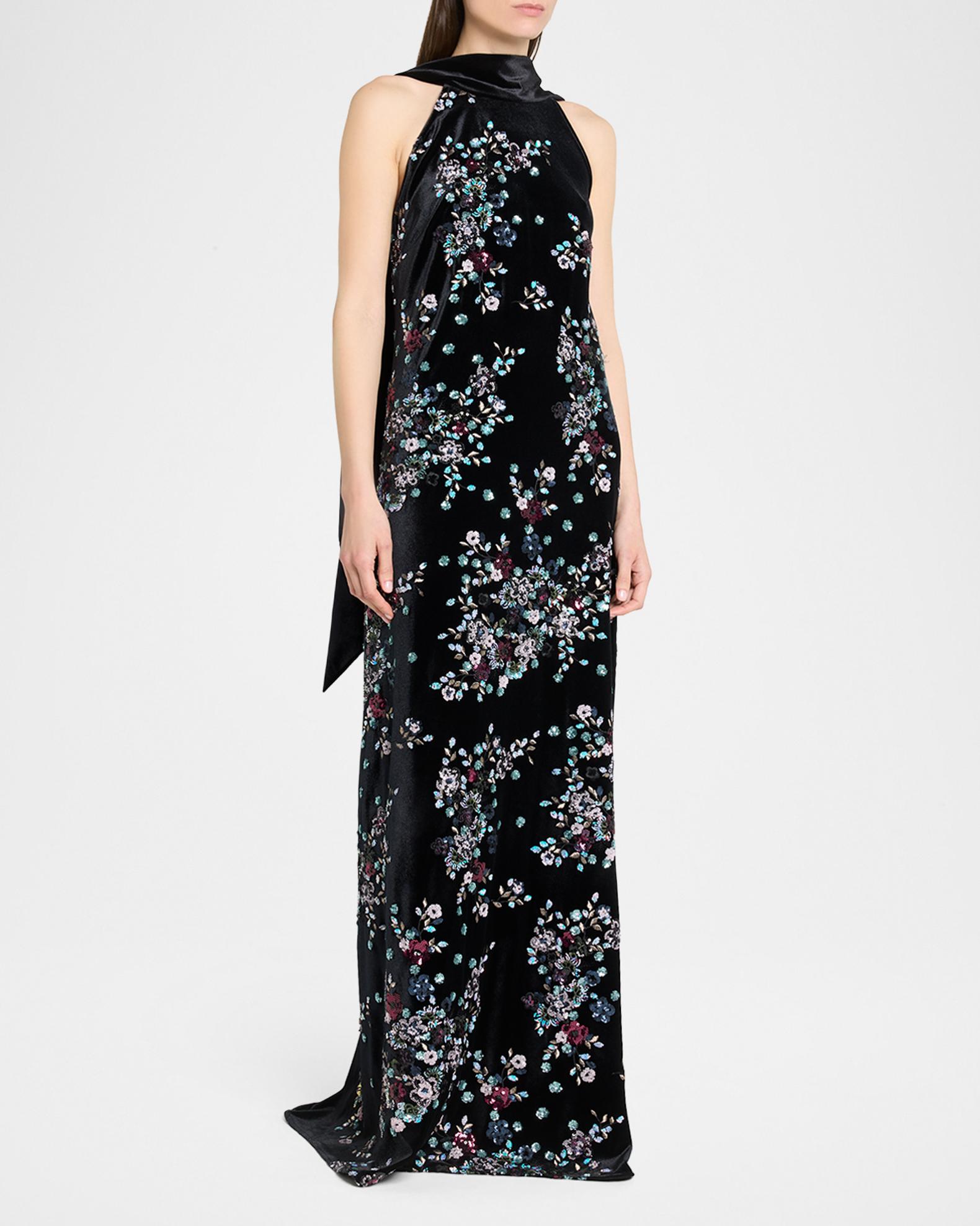 Talbot Runhof Sequin Bloom Velvet Neck-Scarf Halter Gown | Neiman Marcus