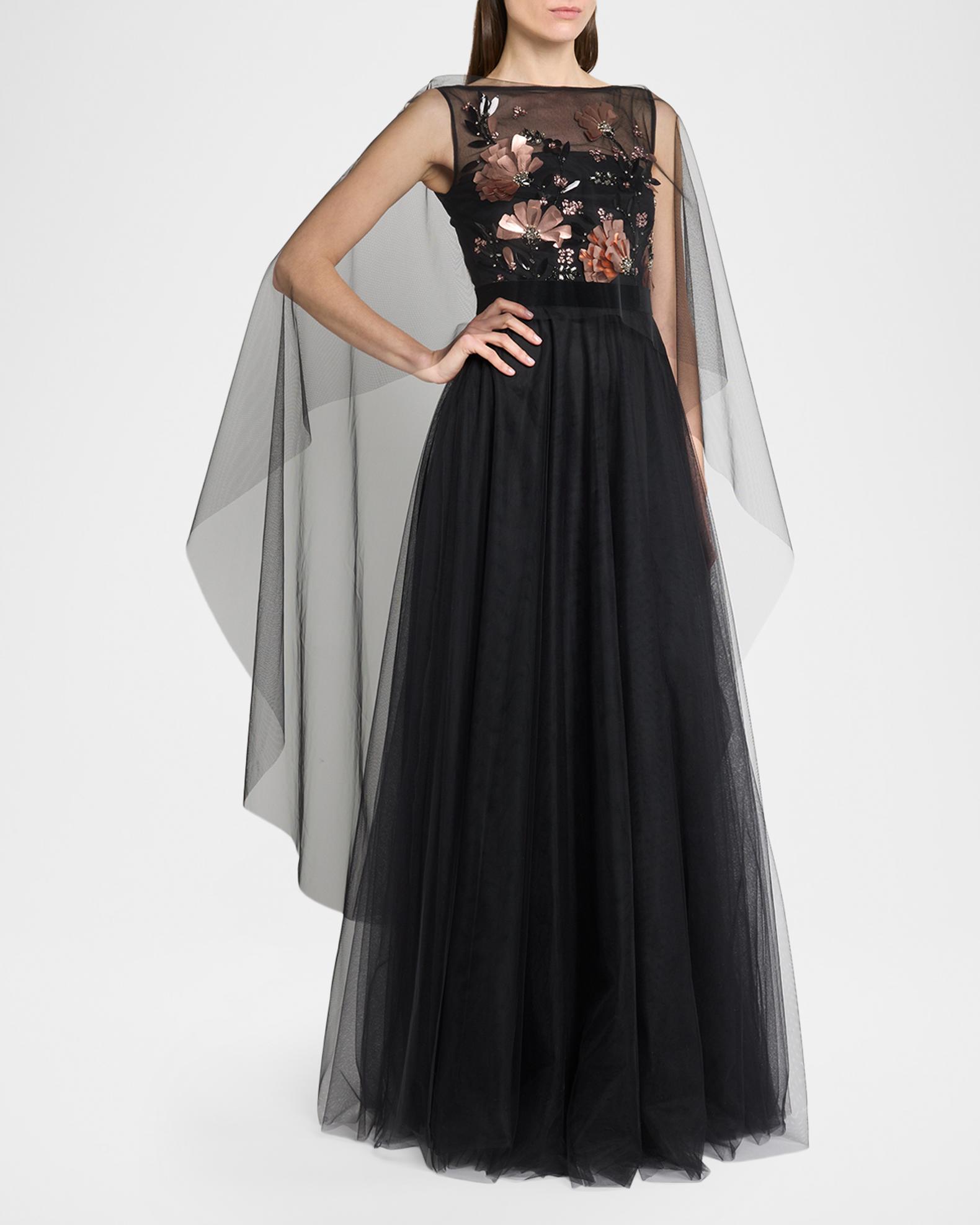 Talbot Runhof Embroidered Tulle Cape Ball Gown | Neiman Marcus