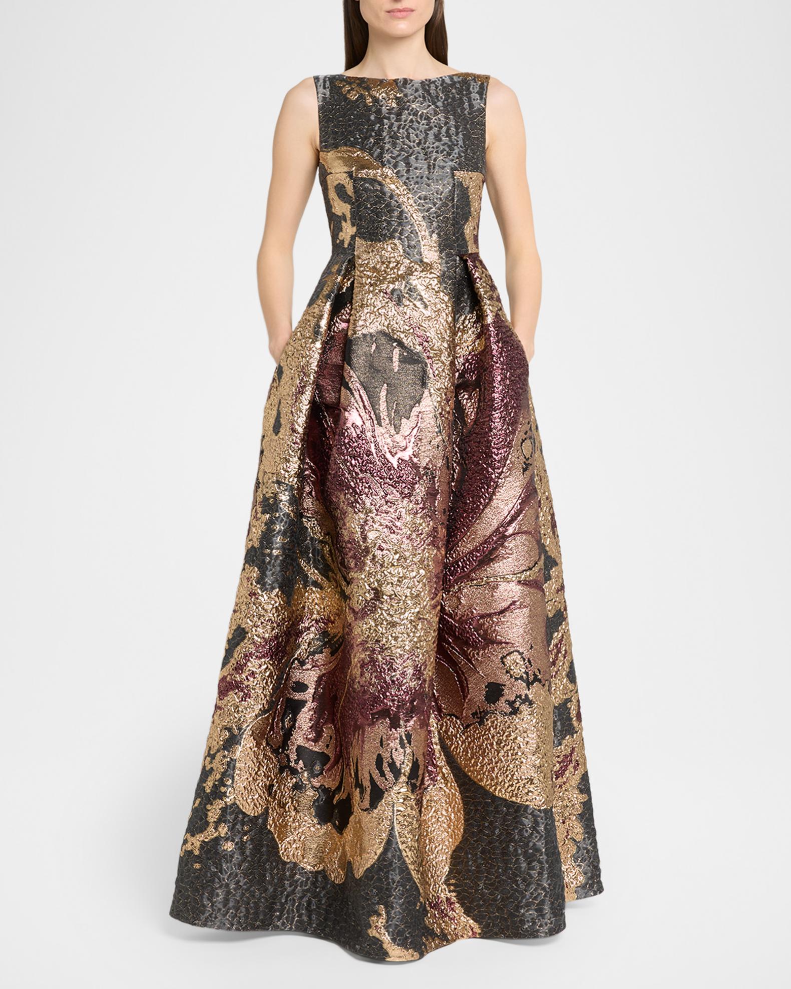 talbot runhof gold dress Metallic Magnolia Jacquard Pleated Ball Gown LowStock:41290381983795