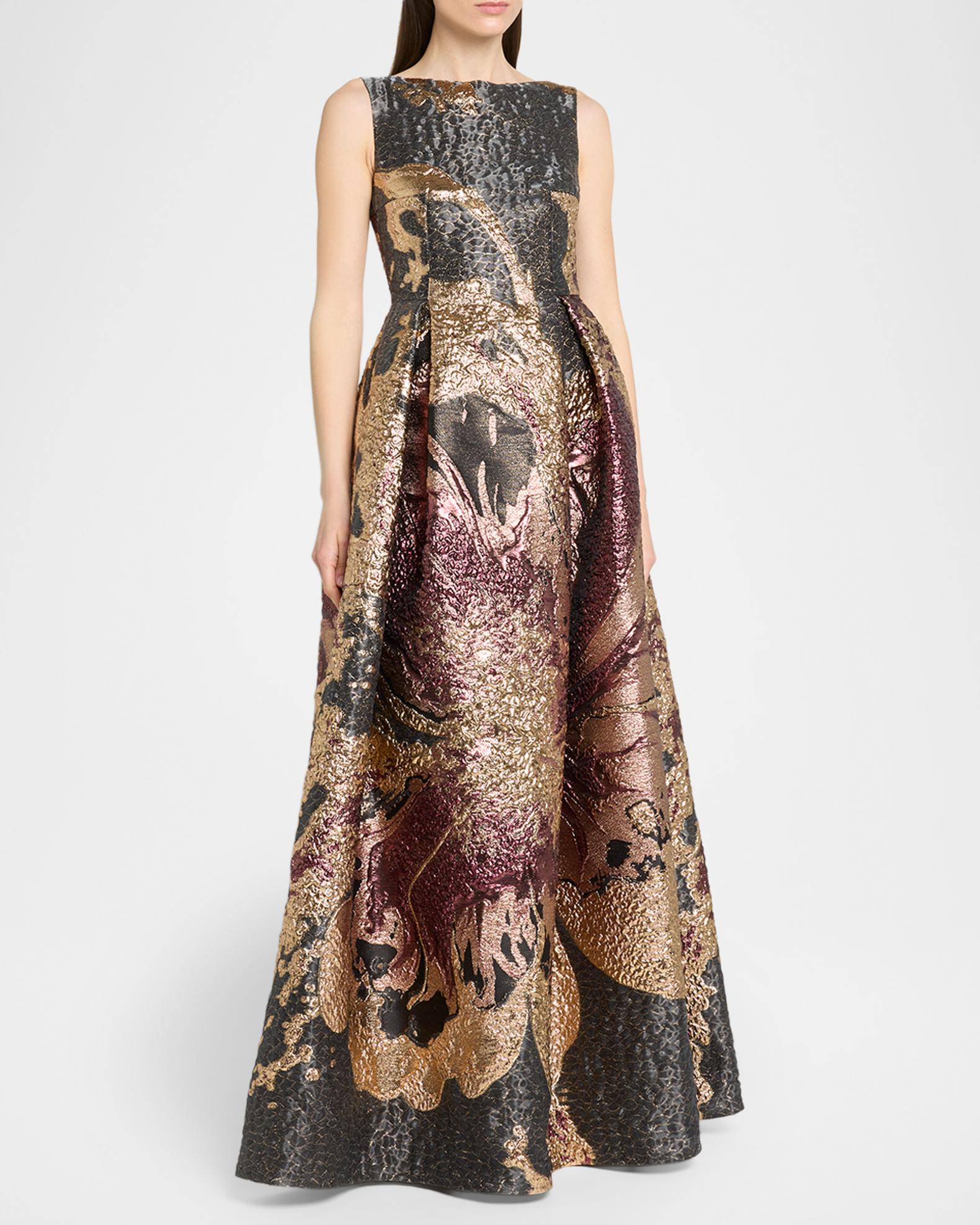 Talbot Runhof Metallic Magnolia Jacquard Pleated Ball Gown | Neiman Marcus