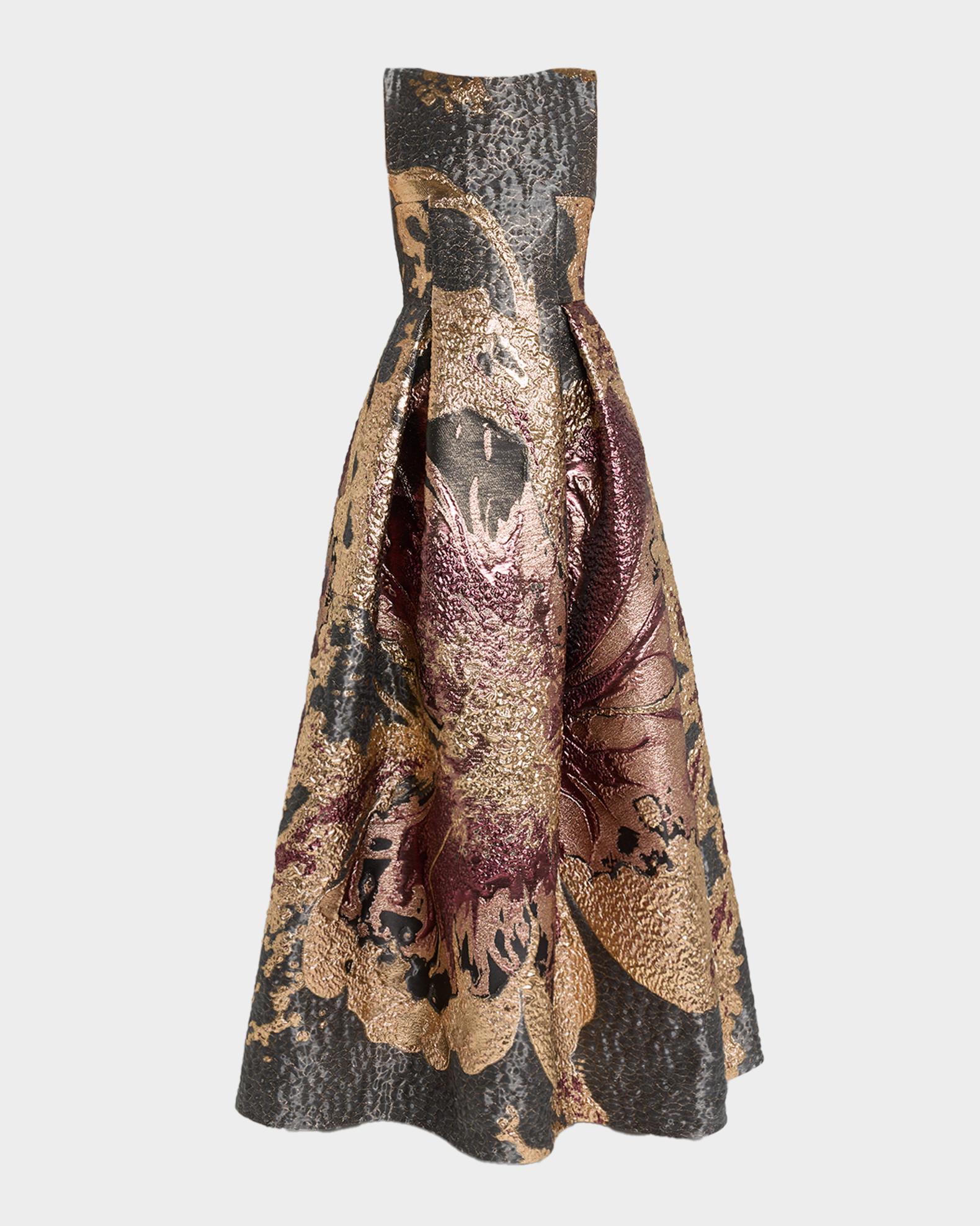 Talbot Runhof Metallic Magnolia Jacquard Pleated Ball Gown | Neiman Marcus