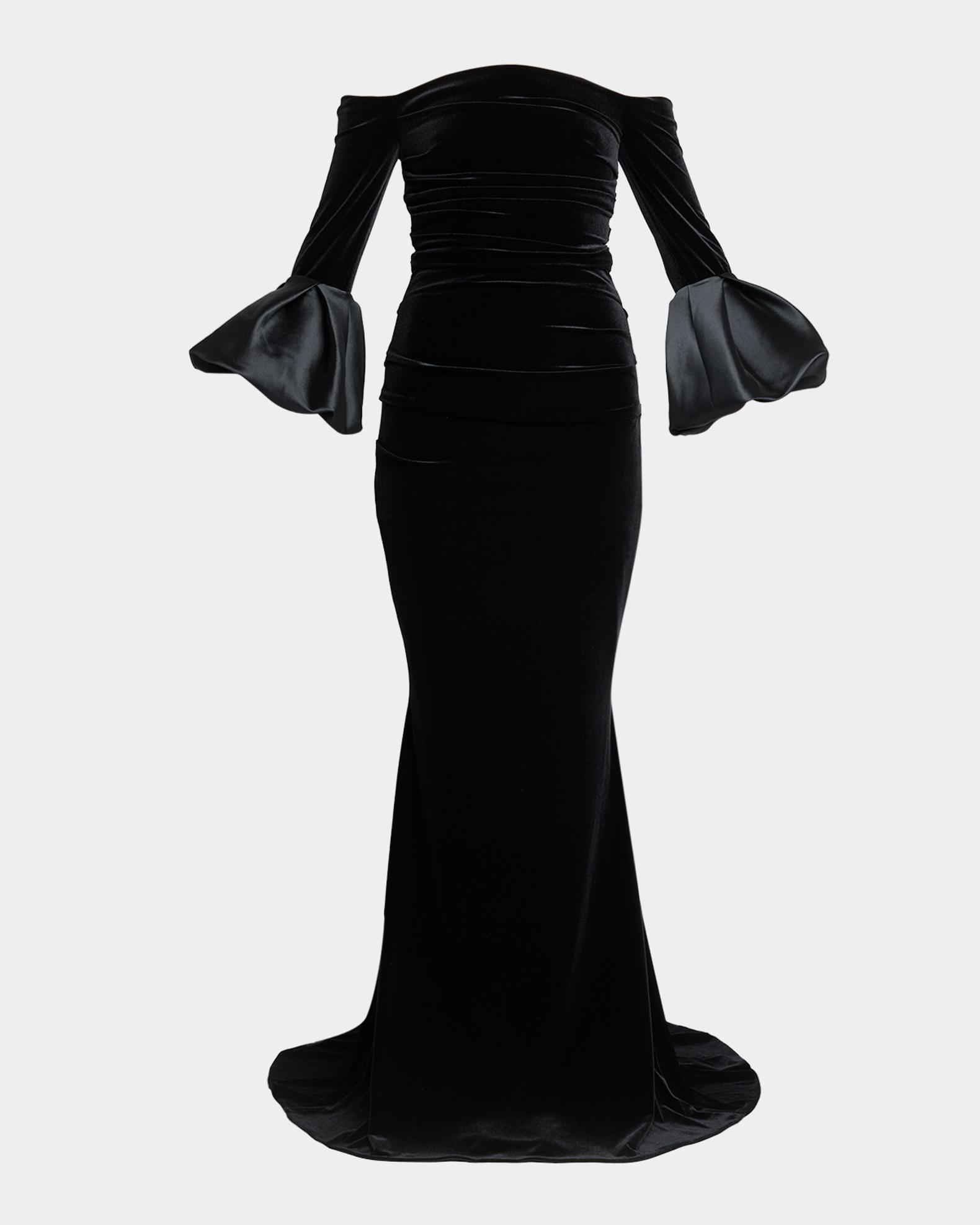 Ruffle Long-Sleeve Stretch Velvet Off-The-Shoulder Gown