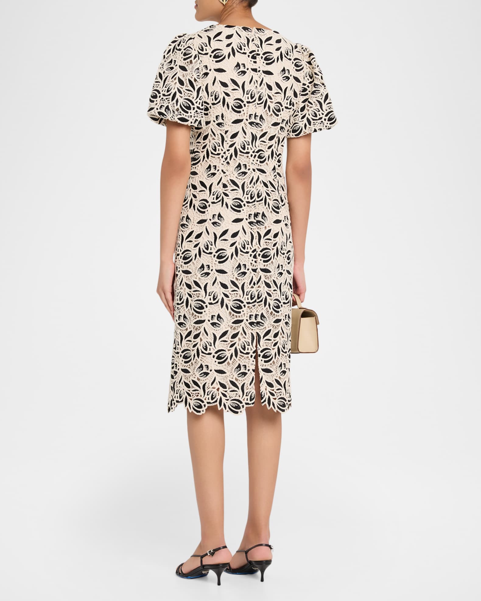 tahari floral lace dress Elie Tahari Floral Lace Aplique Short sleeve Crepe Fit and Flare Dress,  Black, S