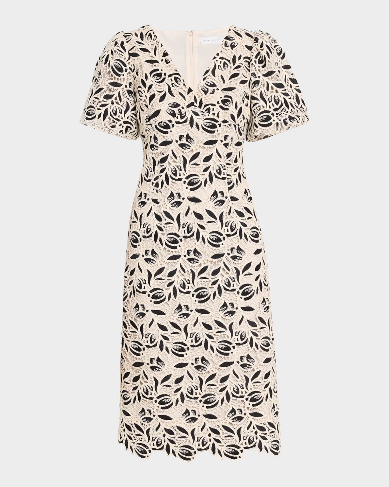 tahari floral lace dress Elie Tahari Floral Lace Aplique Short sleeve Crepe Fit and Flare Dress,  Black, S