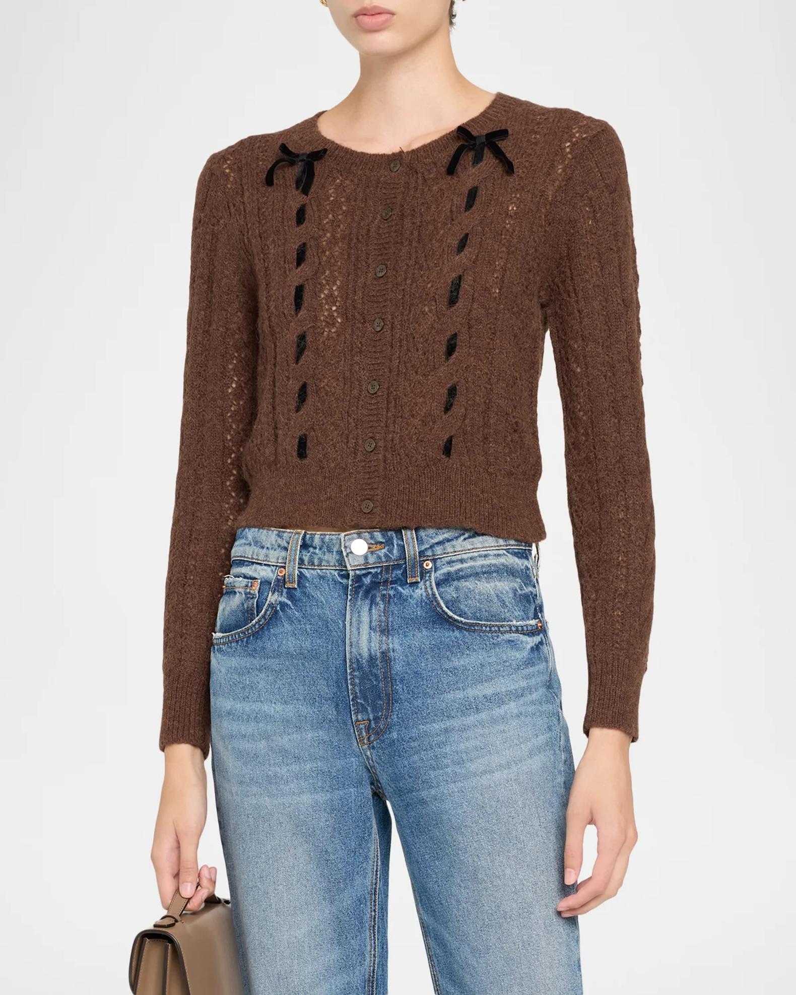 LoveShackFancy Dione Cable-Knit Crewneck Cardigan | Neiman Marcus