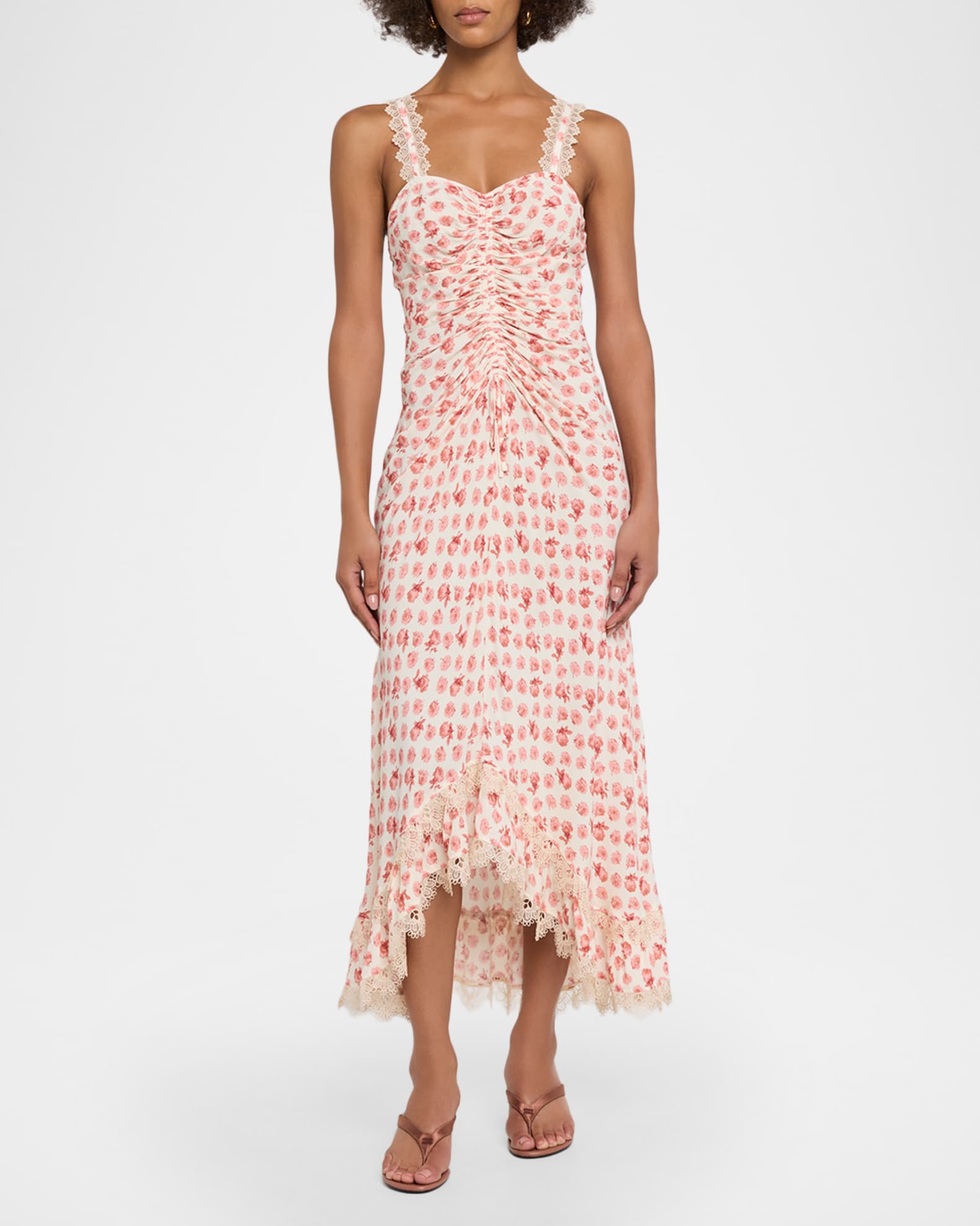 Cinq a Sept Stevie Ikat Roses Lace-Trim Midi Dress | Neiman Marcus